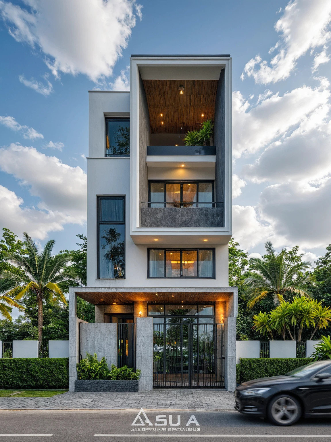 Masterpiece, 4k pixel, high quality, best quality, authentic, super detail, outdoors, onestoreyvillaXL, aiaigroup, house style modern on the street ,stairs, white wall ,road,pavement, grass, trees, sky, cloud, (daylight:1.1)