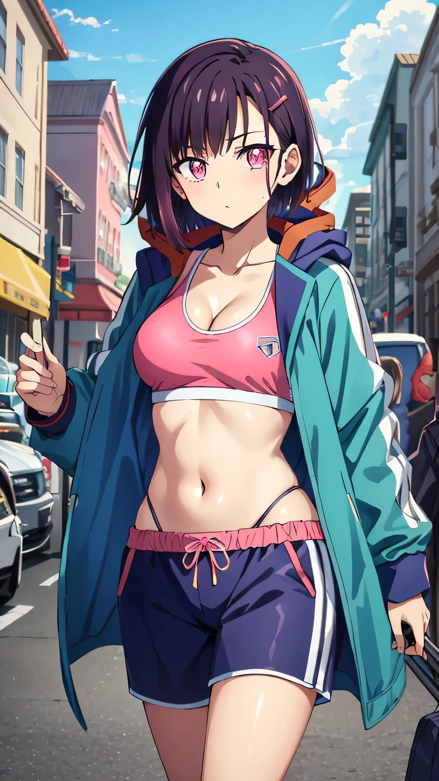 {{{masterpiece}}}, {{{best quality}}}, {{ultra-detailed}}, {illustration}, {{an extremely delicate and beautiful}}, (beautiful detailed eyes:1.6), extremely detailed face, 8k, shizuka mikazuki(Zom 100: Bucket List of the Dead), cute face, short hair, purple hair, hair ornaments, hair clip, (pink eyes:1.5), flowing bangs, medium breasts, thin waist, big hips, curvaceous, break ,navel, cleavage, Jacket, open clothes, abdomen, hood, open Jacket, blue Jacket, hooded Jacket, play sports often, hood down, BREAK, cool face, walking, flushed cheeks, looking at viewer, outdoor, city, building, sky, daytime, cowboy shot