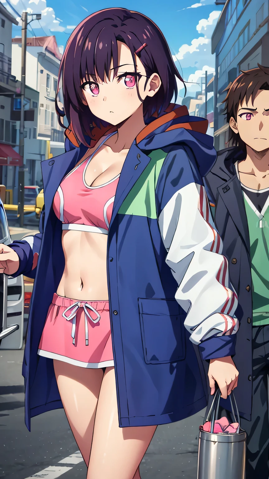 {{{masterpiece}}}, {{{best quality}}}, {{ultra-detailed}}, {illustration}, {{an extremely delicate and beautiful}}, (beautiful detailed eyes:1.6), extremely detailed face, 8k, shizuka mikazuki(Zom 100: Bucket List of the Dead), cute face, short hair, purple hair, hair ornaments, hair clip, (pink eyes:1.5), flowing bangs, medium breasts, thin waist, big hips, curvaceous, break ,navel, cleavage, Jacket, open clothes, abdomen, hood, open Jacket, blue Jacket, hooded Jacket, play sports often, hood down, BREAK, cool face, walking, flushed cheeks, looking at viewer, outdoor, city, building, sky, daytime, cowboy shot
