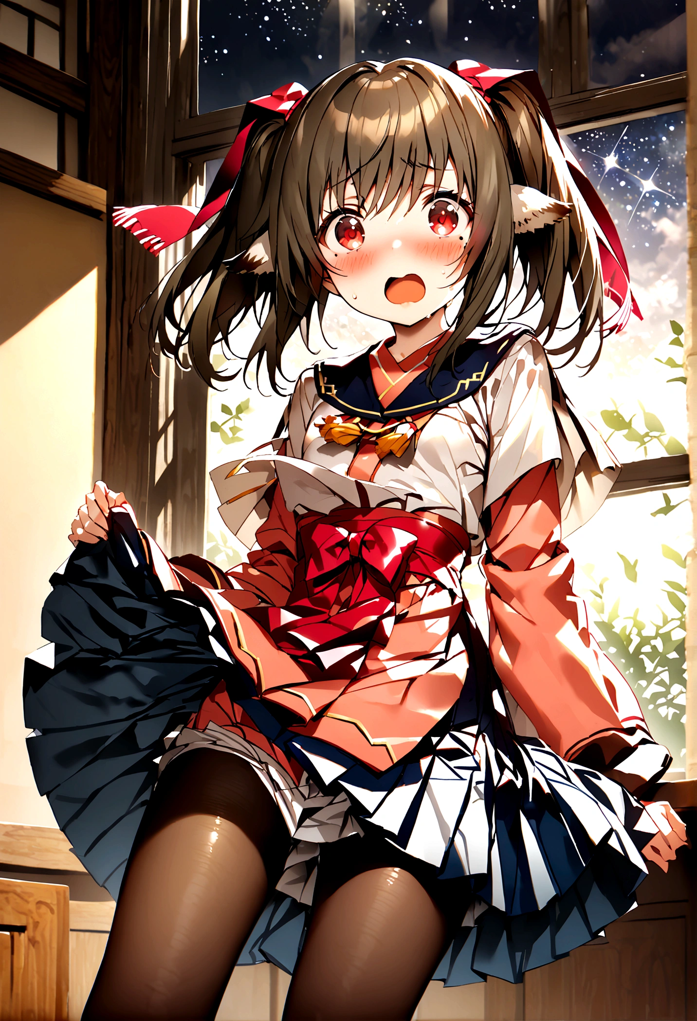 NSFW,masterpiece,Highest quality,High resolution,Super detailed,nekone \(utawarerumono\),Brown Hair、（Red Eye：1.3）、ribbon、Animal Ears、Twin tails、ヘアribbon、Mole、目の下のMole,Small breasts,uniform,mini skirt,pantyhose,Shocked face,Half an eye,School