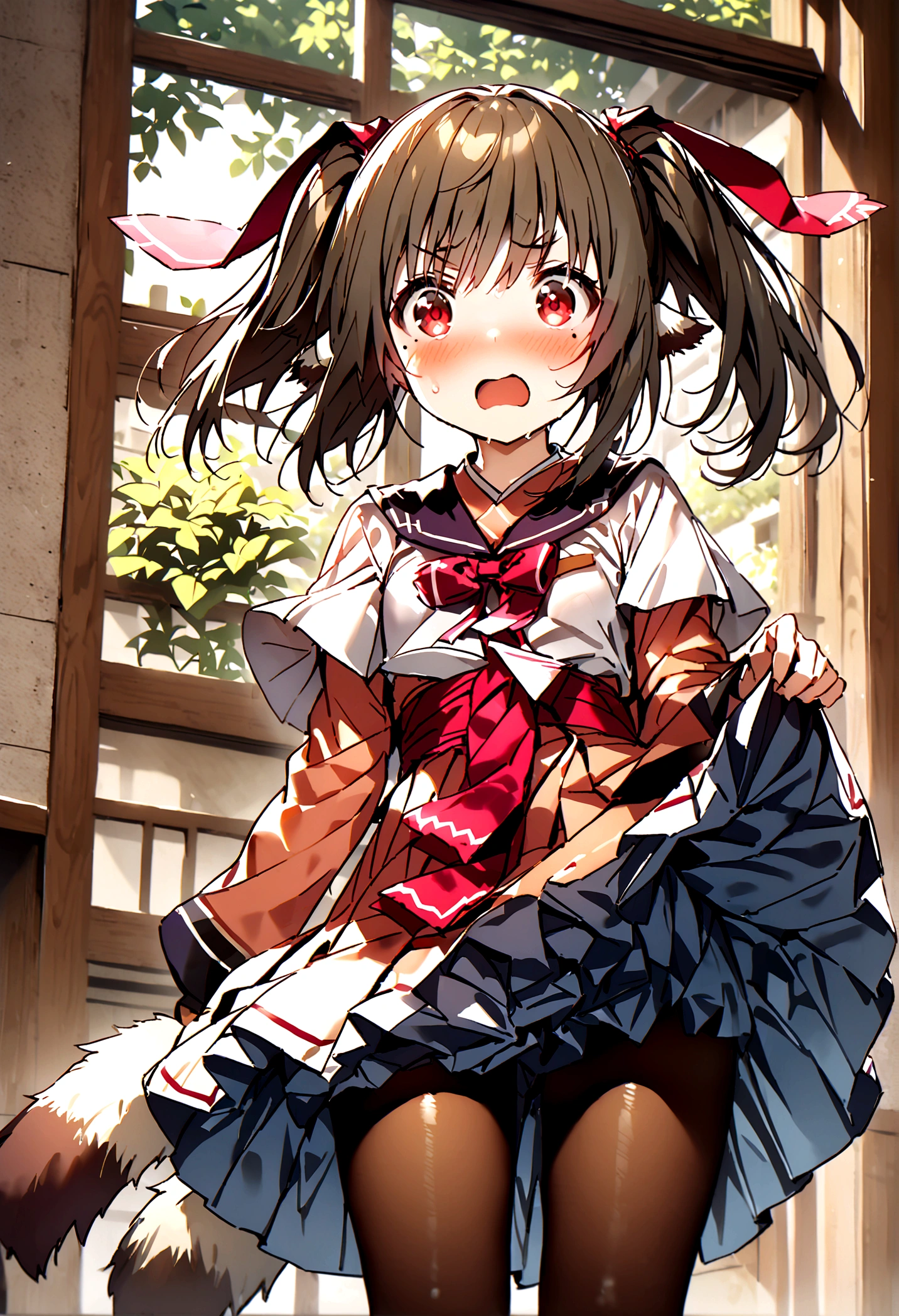 NSFW,masterpiece,Highest quality,High resolution,Super detailed,nekone \(utawarerumono\),Brown Hair、（Red Eye：1.3）、ribbon、Animal Ears、Twin tails、ヘアribbon、Mole、目の下のMole,Small breasts,uniform,mini skirt,pantyhose,Shocked face,Half an eye,blush,School