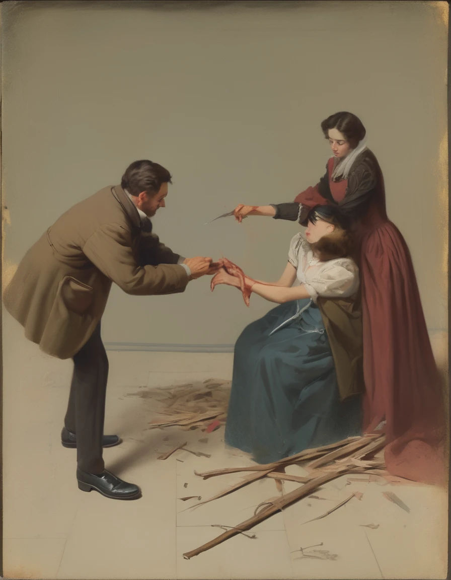 a man pulls a splinter out of a woman&#39;s hand