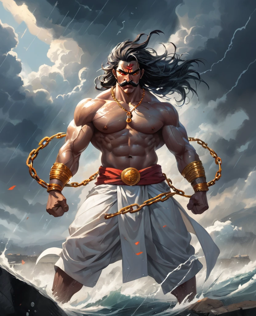 A striking, visually captivating illustration of a powerful Maratha (shouting:1.5) power up pose, power stance, as green is prisionner warrior standing tall amidst dark clouds and heavy rain. His muscular, drenched body is adorned with massive long continuous shakles and black chains at his arms, hips, and legs, while his glowing yellow eyes and fierce determination exude strength. With perfect facial features, a long handlebar mustache, and flowing drenched hair, he shouts in anger as he pulls the chains with immense strength. The golden hour's light illuminates him from behind, casting a dramatic rim light on his bulky frame, and the stormy atmosphere intensifies the dark fantasy scene. Clad in a white traditional dhoti-like pants and a torn white robe, the warrior's immense size and the gathering clouds create a mesmerizing visual experience that is both vibrant and cinematic, blending elements of painting, poster, and fashion into a concept, vibrant, poster, fashion, illustration, cinematic, painting, dark fantasy art by greg rutkowski