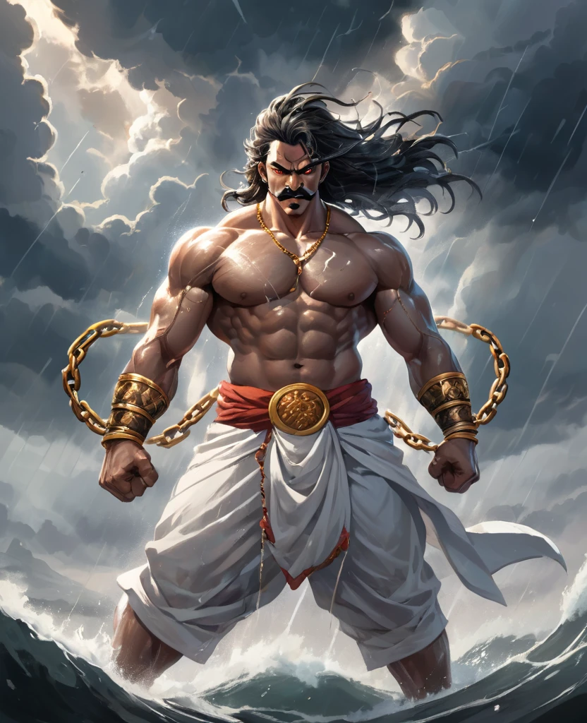 A striking, visually captivating illustration of a powerful Maratha (shouting:1.5) power up pose, power stance, as green is prisionner warrior standing tall amidst dark clouds and heavy rain. His muscular, drenched body is adorned with massive long continuous shakles and black chains at his arms, hips, and legs, while his glowing yellow eyes and determination exude strength. With perfect facial features, a long handlebar mustache, and flowing drenched hair, he shouts in anger as he pulls the chains with immense strength. The golden hour's light illuminates him from behind, casting a dramatic rim light on his bulky frame, and the stormy atmosphere intensifies the dark fantasy scene. Clad in a white traditional dhoti-like pants and a torn white robe, the warrior's immense size and the gathering clouds create a mesmerizing visual experience that is both vibrant and cinematic, blending elements of painting, poster, and fashion into a concept, vibrant, poster, fashion, illustration, cinematic, painting, dark fantasy art by greg rutkowski