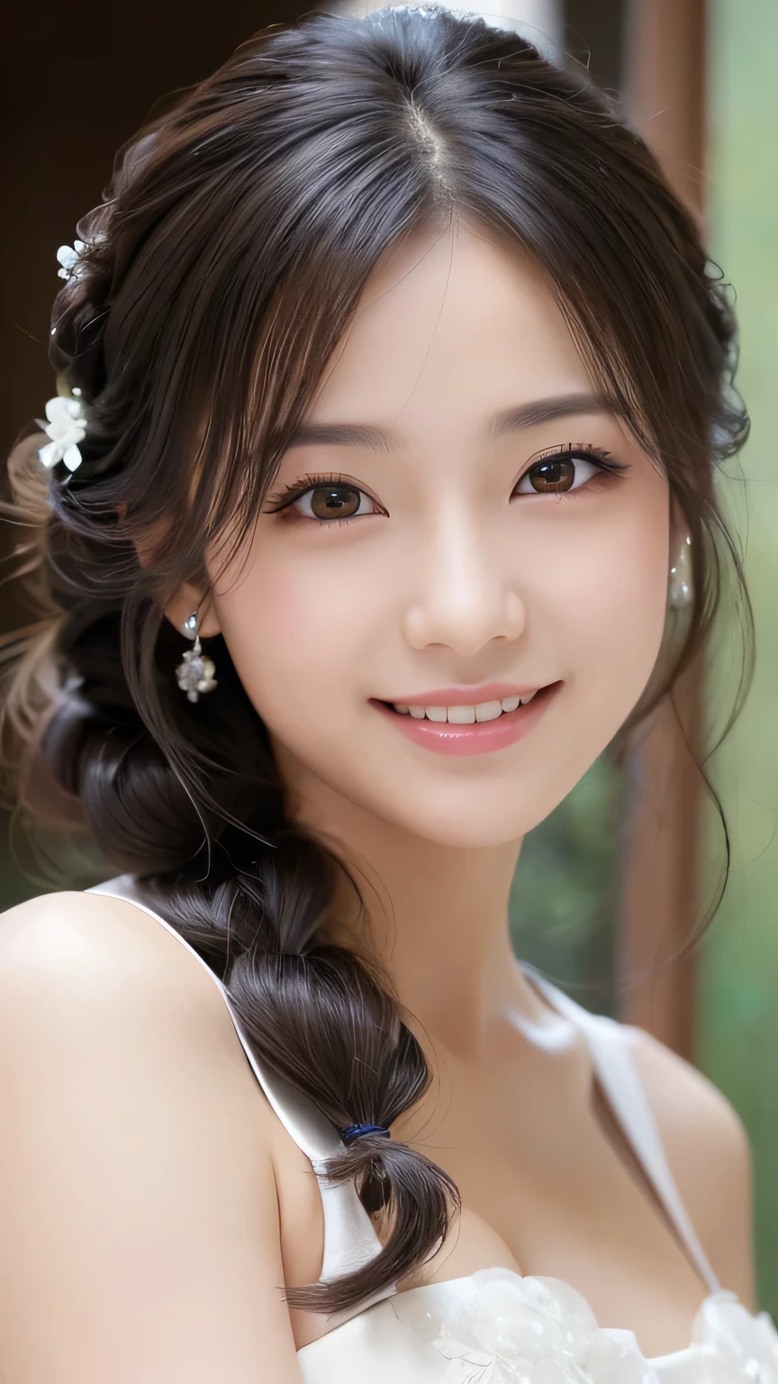 (masterpiece:1.3), (8K, Photorealistic, Raw photo, Best image quality: 1.4), Japanese 、Take a full-body photo,Wedding dress、Cute costume,Medium Hair,crystal,Natural color lip,(Random Hairstyles:1.2)、Super detailed face、Attention to detail、double eyelid、Sharp focus:1.2、Beautiful woman:1.4、Black Hair、highest quality、masterpiece、超A high resolution、(Photorealistic:1.4)、Highly detailed and professionally lit smile、