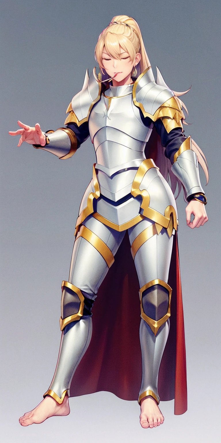 Setting:
Plain background
Character:
Female
Full body - Barefoot
Attire:
Linen tunic
Armor (possibly worn over the tunic)
Accessories:
Black choker
Handcuffs on wrists
Shackles on legs and arms
Pose:
Hands on hips
Expression: (happy but mouth closed)
Additional Notes:
(Consider leather armor or plate mail)