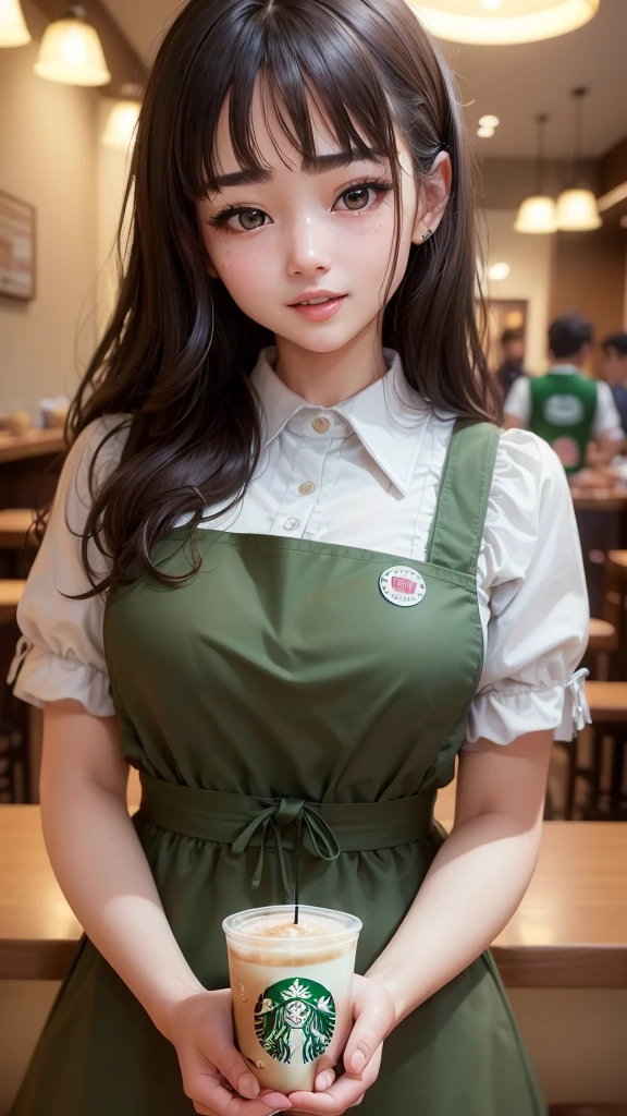 ((Highest quality、8K、masterpiece:1.3))、1 Girl、（（bondage））、Laughter、Esbian all over、Slim face、Beautiful woman、(Dark brown hair)、Highly detailed face、Detailed eyes、double eyelid、Blurred Background、Slim face、Take-out、Cafe staff、Green apron、Starbucks