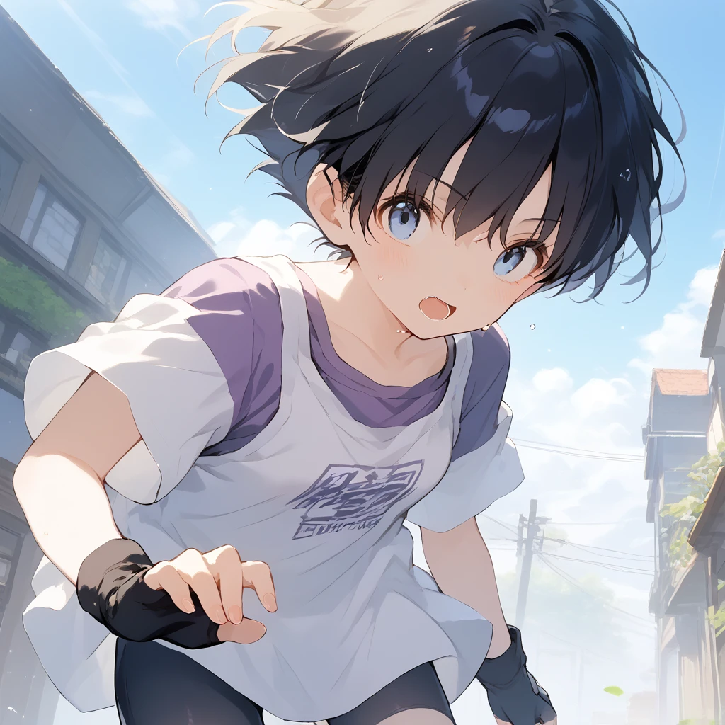 score_9, score_8_up, score_7_up, source_anime, best quality, masterpiece, official art, absurdres, highres, ultra-detailed,waifu2x,Collection: Slice of Life,break,1girl, short hair, spiked hair, blue eyes, bike shorts, purple shirt, (white shirt), fingerless gloves,sweat, open mouth, sleepily,  outdoors, wind,break,(clear line illustration:1.2), super detailed skin,very high resolution, very aesthetic, Best sexual lighting powered by famous artist, 8k,cute picture,beauty illustration,photoshop_(medium),,(Detailed Lighting),best anime 8k konachan wallpaper, pixiv contest winner, 