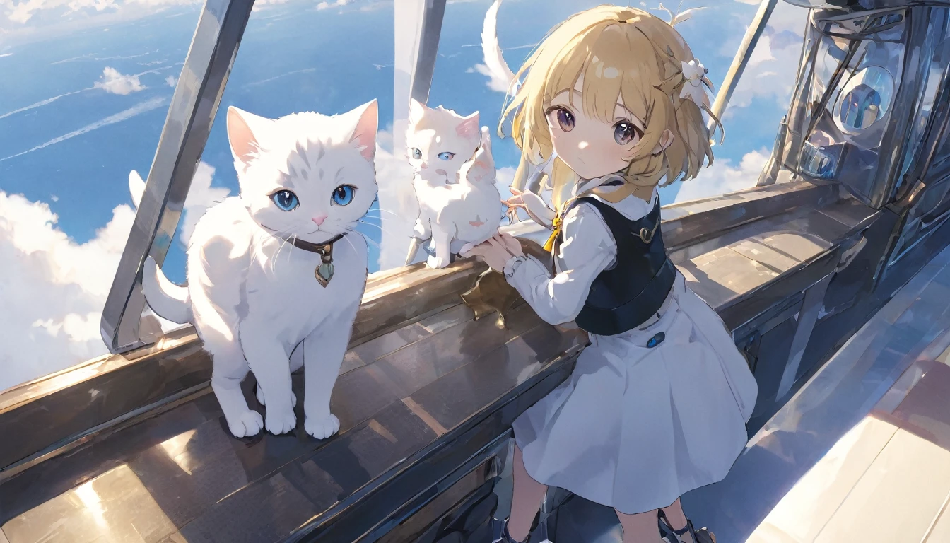 (8K、Raw photo、highest quality、look up:1.2、masterpiece:1.2、genuineistic、ultra high resolution、high contrast、photon mapping、genuine、Super detailed、official art, Raw photo、professional lighting、 light、Vivid atmosphere、twicelight) (1 girl), (alone:1.5), A girl and a white kitten are in the observation deck of an airship.。From the airship's observation deck、A girl and a white kitten、Looking at the flying island。Many floating islands flying in the sky。Ancient ruins remain on the flying island。The flying island is a waterfall and a lake、You can see the mountains。The flying island is full of nature。An atmosphere that exudes the excitement of adventure。High Fantasy Worldview, Beautiful depiction of grand composition and proportions, Guardian nebula of rainbow light and silvery vapor, Corrosive Encirclement Ray Family Color, slimy air feeling,