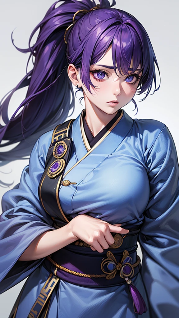 Highest quality, Ultra-high resolution, (Realistic: 1.4), beautiful Eyes, Super beautiful, beautiful, One person、Warrior, Japanese style Blue tones、whole body、(Purple Hair、ponytail),beautiful Soldier, Eyes that beckon, Droopy eyeistress's point of view, Attractive look, Fearless smile, (Perfect Anatomy, Anatomically correct, Highly detailed skin), Dancing, ((beautiful景色,snow), night)