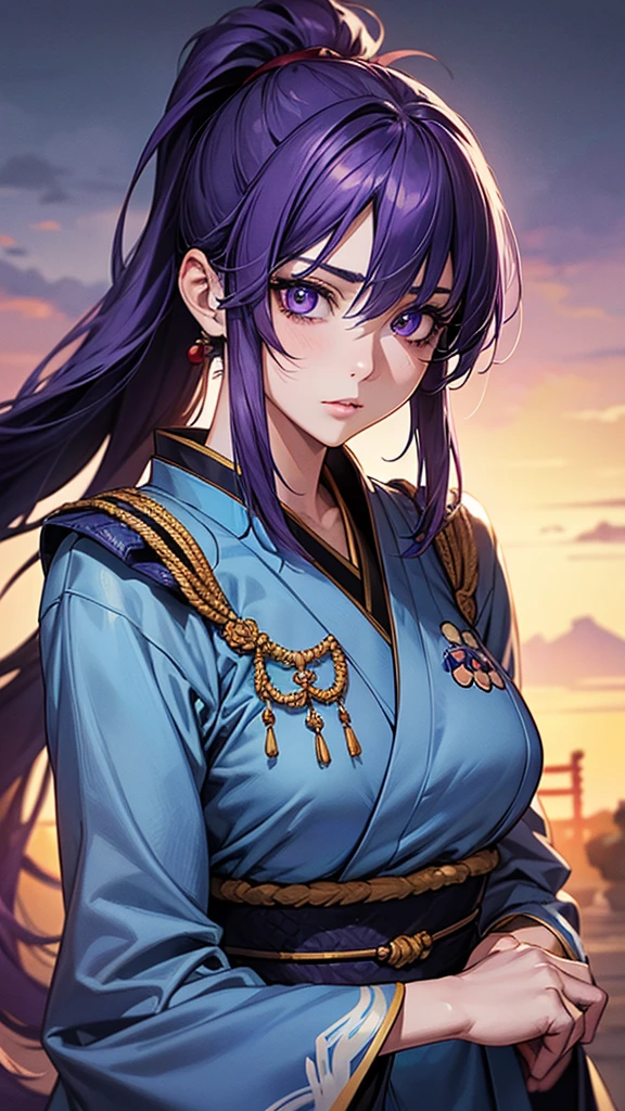 Highest quality, Ultra-high resolution, (Realistic: 1.4), beautiful Eyes, Super beautiful, beautiful, One person、Warrior, Japanese style Blue tones、whole body、(Purple Hair、ponytail),beautiful Soldier, Eyes that beckon, Droopy eyeistress&#39;s point of view, Attractive look, Fearless smile,  (Perfect Anatomy, Anatomically correct, Highly detailed skin), Dancing,  ((beautiful景色,snow), night)