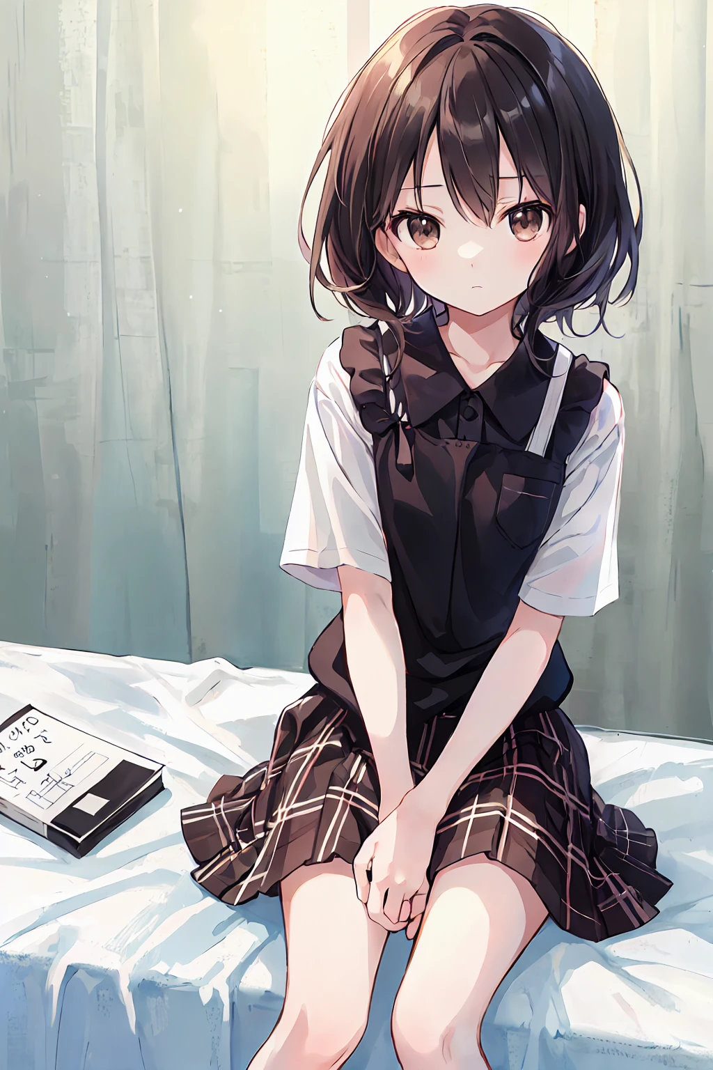 (child),Highest quality,Beautiful face in every detail,cute,Dark brown eyes,(背の低いcute女の子,Little young student,Young and delicate girl),(masterpiece,Highest quality),Black Hair,Sleepy look,Short sleeve white shirt,Plaid white skirt,Pitiful,Pitiful,Pitiful