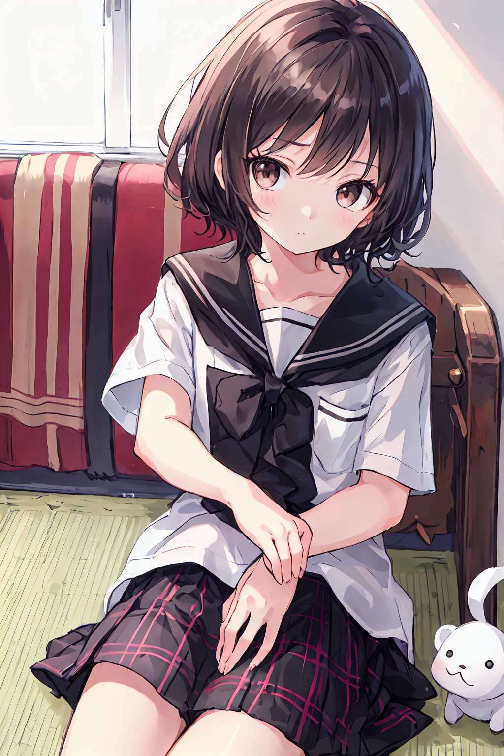 (child)，Highest quality，Beautiful face in every detail，cute，Dark brown eyes，(背の低いcute女の子，Little young student，Young and delicate girl）,（masterpiece，Highest quality)，Black Hair，Sleepy look，Short sleeve white shirt，Plaid white skirt，Pitiful，Pitiful，Pitiful