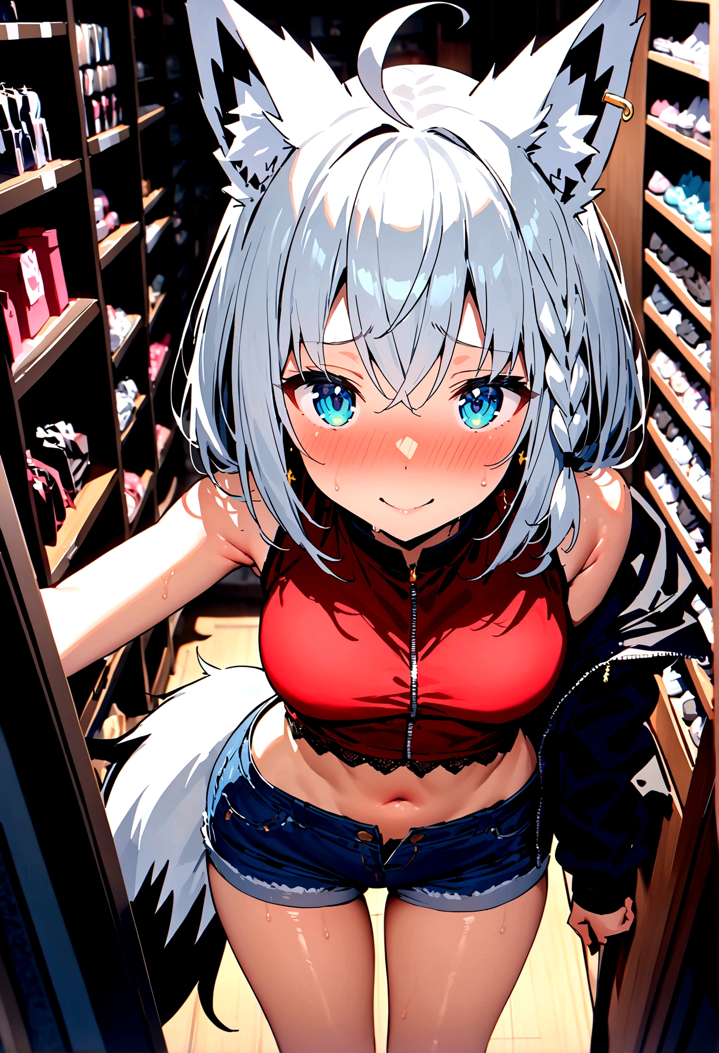 NSFW,masterpiece,Highest quality,High resolution,Super detailed,Shirakami Fubuki\(Hololive\),Gray Hair、One-sided braid、Ahoge、Earrings,Fox ears,Fox tail,Crop top shirt,Sleeveless,Low-rise denim shorts,Embarrassed,blush,Expecting face,(Ecstasy face),(Adult Shop),(Underwear section),(Naughty shop),Cute pose,Date,(Seduce),(Middle-aged men),(Having sex),Insert your dick,Creampie,(Squirting),(rape)