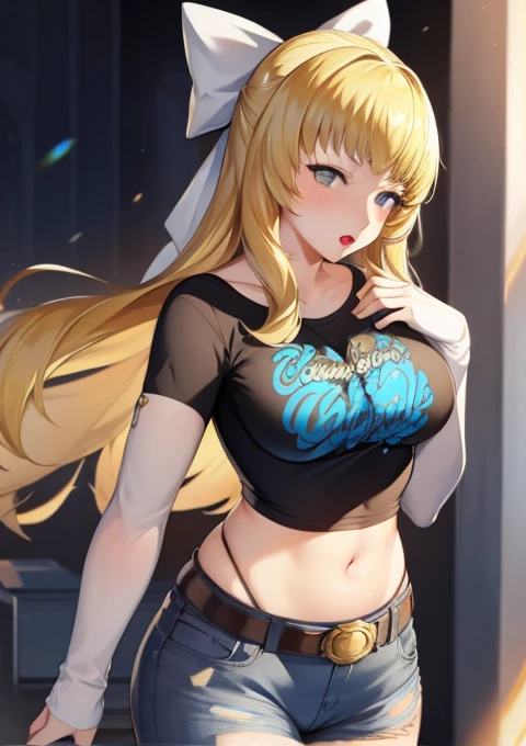 masterpiece, best quality, blonde hair, charlotte, hair bow, 1girl, solo, black t-shirt, white shirt, blue jeans, belt, lipstick, large breasts, layered sleeves,