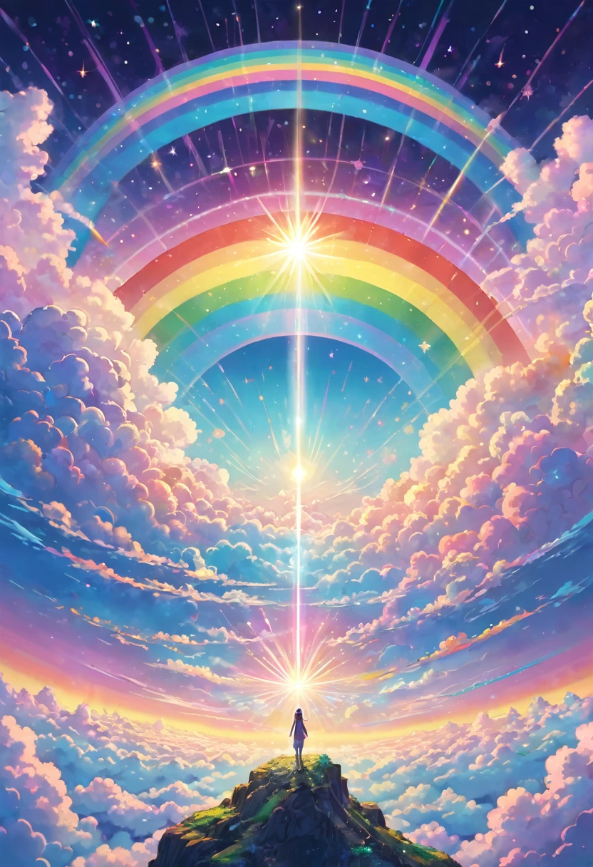 Integration of souls, above the clouds, pastel colored light, two becoming one, mandala, mysterious world, shooting star, rainbow colored light