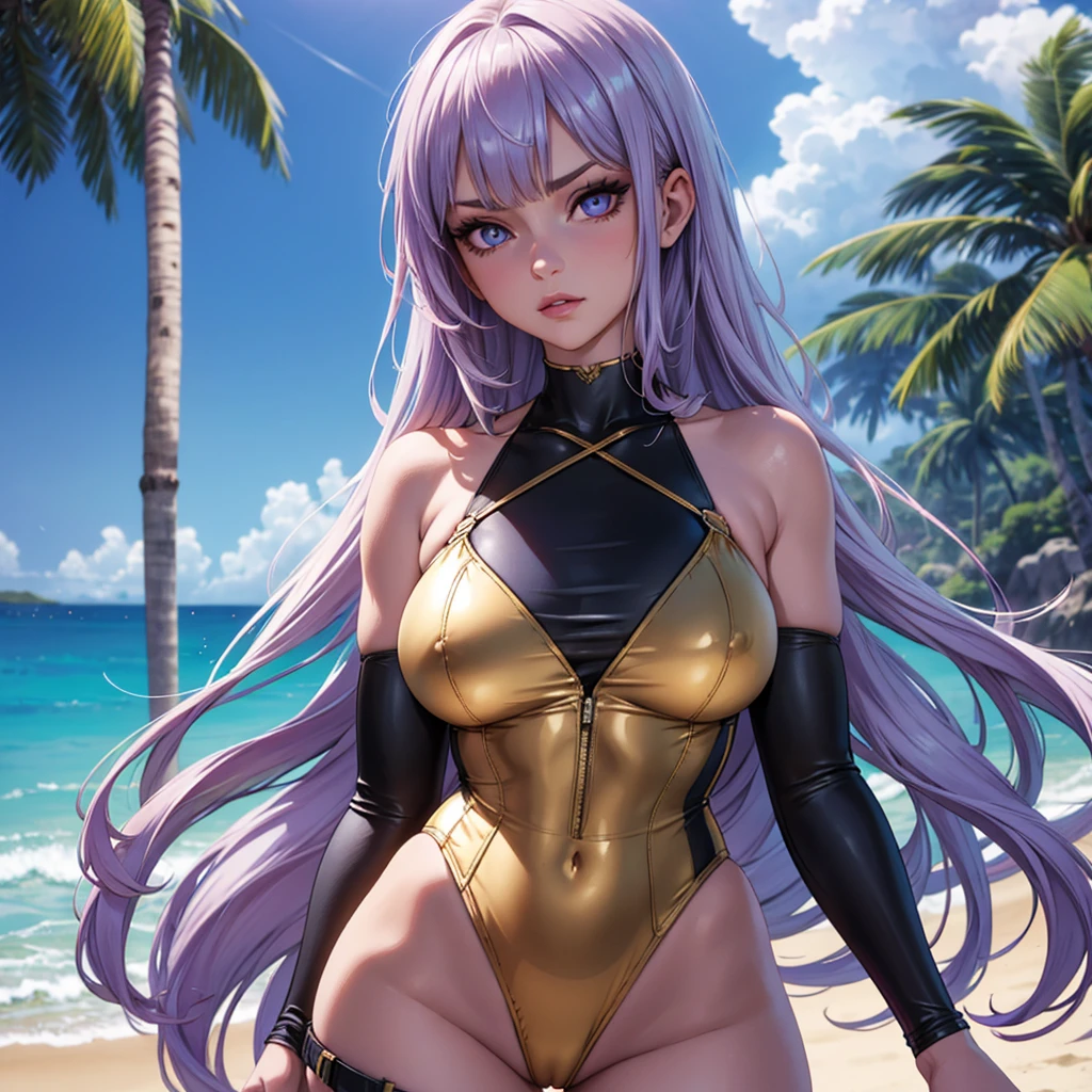 Realistic eyes, upper body picture, standing, beautiful lady, lavender hair, dark makeup, hyperdetailed photography, sun light, athletic body, realistic gold eyes, hyperdetailed eyes, hyper realistic, 16k eyes in focus upper body, very high quality image, extreme details of realism, ultra definition, 16k UHD, Piped Splice Wide Strap One Piece Swimsuit , cloudy beach background