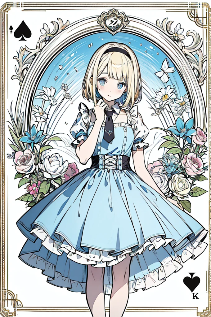 (Official art、Best Quality、Unity 8k Wallpapers、32K、​masterpiece、ultra-detailliert、超A high resolution)、Fantastical、((alice in the wonderland))、a blond、Tie your hair with a ribbon、Blue colored eyes、Blue Apron Dress、white sock、PlayingCards、bunny rabbit、colorful