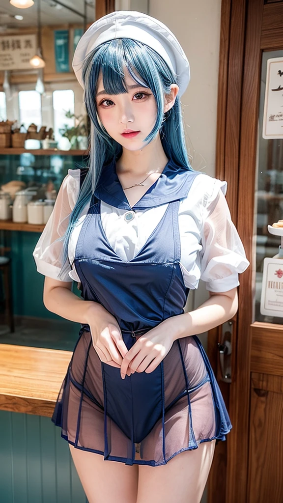 See-through sailor suit、Transparent nipples、Big Tits、Sheer skirt、Coffee shop、Cafe staff、Light blue hair