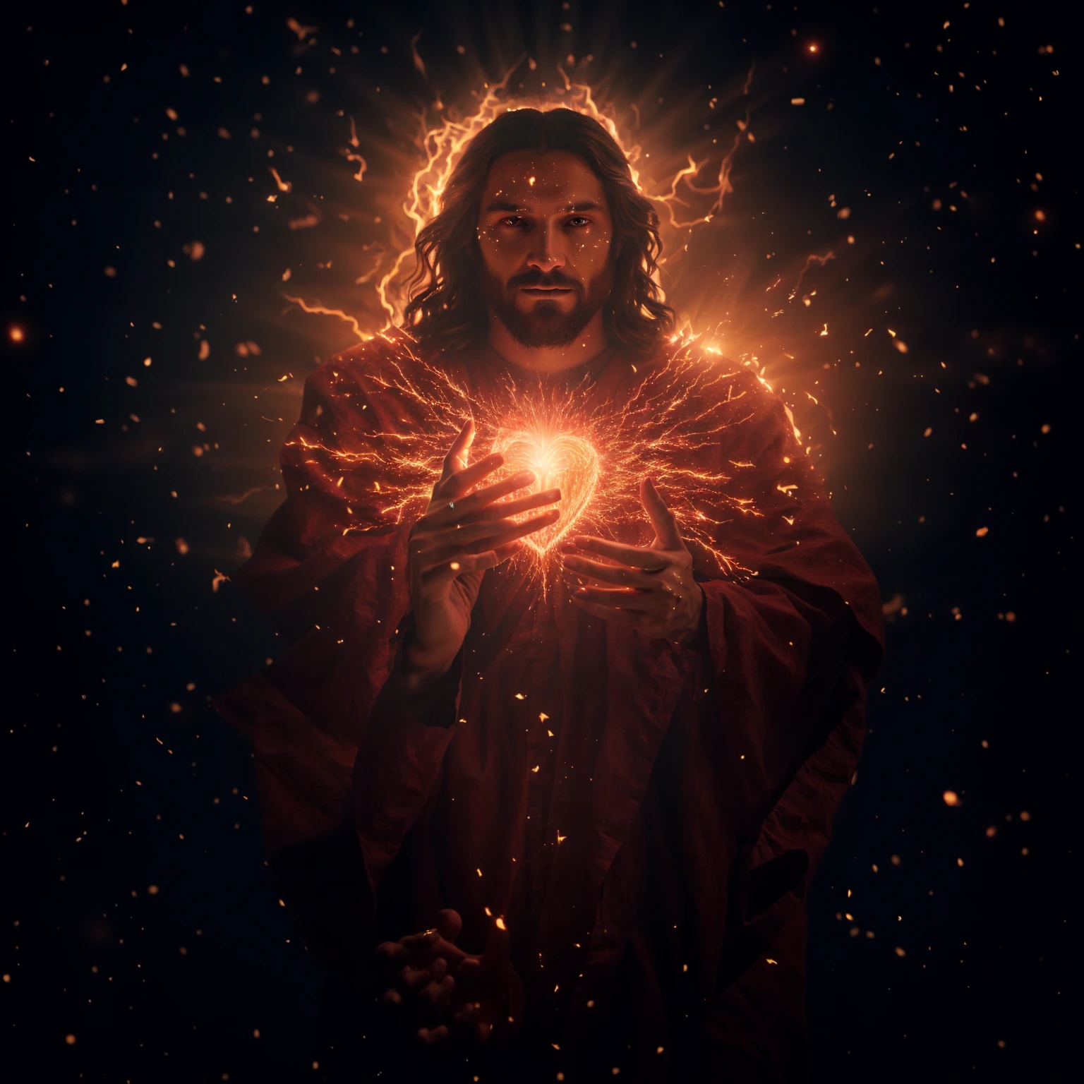Jesus holding a shining heart in his hands, sacred flame spell, holy fire spell art, glowing holy aura, sacred energy, inspired by Mike Winkelmann, holy holy rays of light, por Adam Marczyński, fire behind him, by Mike Winkelmann, visible sacred aura, cyberpunk JesusChrist, by Aleksander Gierymski, JesusChrist