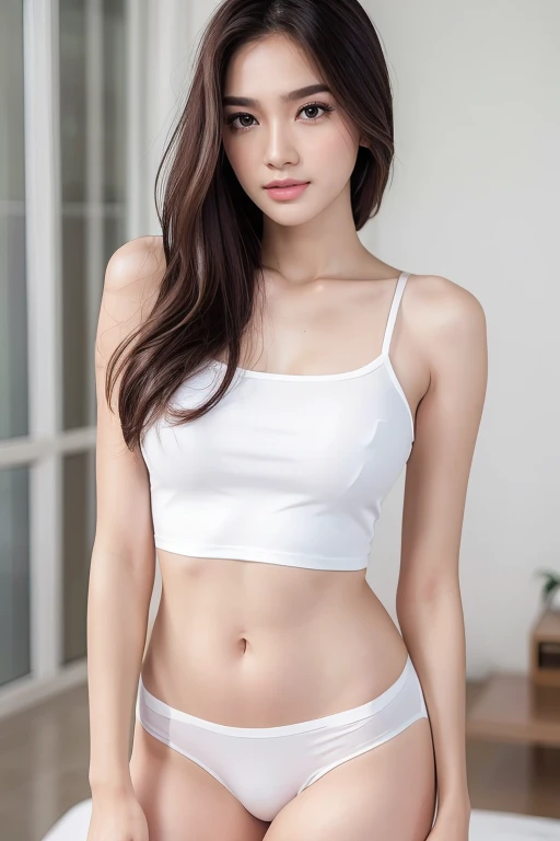 Top quality, RAW Photo, Highest Quality Image, 16K, Full body, Age 18 years old, Realistic, Photorealistic,  Beautiful Asian girls, Sexy, Perfect slender body, White pale skin, Beautiful hair, Wavy hair, Blue Hair,, Short hairstyle, Detailed face, Detailed body, Detailed skin, Double eyelids, Big eyes, long eyelashes, bright eyes, green eyes, natural lips, detailed lips, slender legs, thin waist , small hip, Round shape breasts, Beautiful breasts, Big Breasts, flat chested, Perfect breasts,  small thighs, posing in modern style white room, pink tone light , soft light , light wind, wearing white shirt,, no bra, white g-string panties 