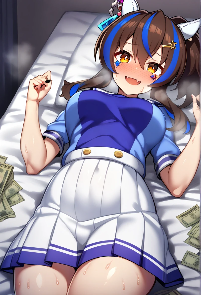 1Girl, daitaku helios(umamusume), (umamusume), umamusume, sweat, steam,smile, skin fang, ponytail , (tracenschooluniform), lying,  money, condom, (undersized clothes), prostitution, on bed, looking at viewer, cowboy shot, masterpiece, very aesthetic, recent, mid,nsfw
