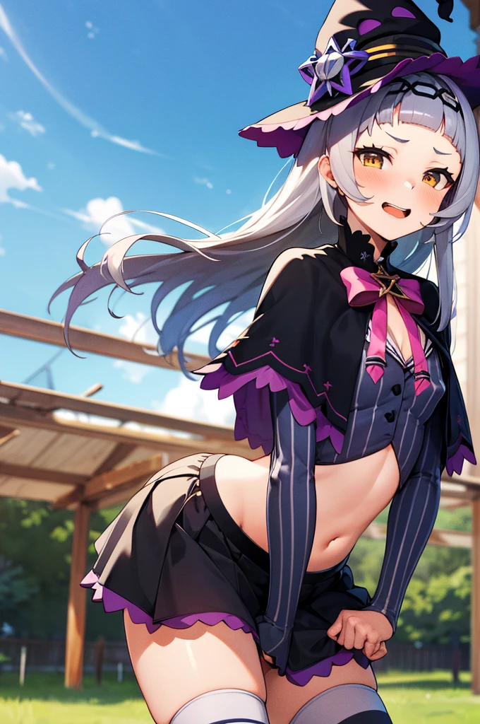 masterpiece, best quality, highres, aashion, 1girl, long hair, (single hair bun:1.1), short eyebrows, small breasts, hairband, witch hat, pink bowtie, black capelet, pinstripe shirt, long sleeves, midriff, black skirt, miniskirt, striped thighhighs, aged down, cowboy shot, standing, outdoors, smile, upper teeth,,erect nipple,,(sex).,,looking viewer