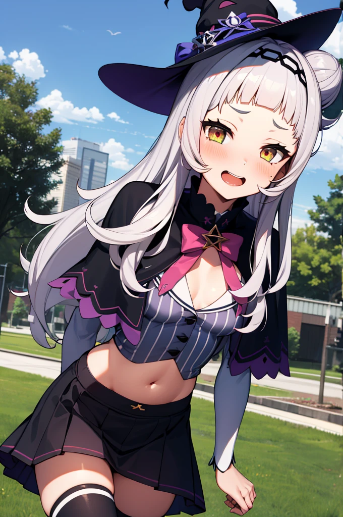 masterpiece, best quality, highres, aashion, 1girl, long hair, (single hair bun:1.1), short eyebrows, small breasts, hairband, witch hat, pink bowtie, black capelet, pinstripe shirt, long sleeves, midriff, black skirt, miniskirt, striped thighhighs, aged down, cowboy shot, standing, outdoors, smile, upper teeth,,erect nipple,,(sex).,,looking viewer