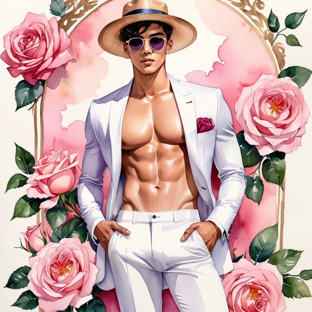 candid fashion illustration of young Mixed race 2man Latino and Japanese male model, both aged 18 year old, ((showcase fashion in white thong underwear only)), the design inspired of David Austin Rose, in elegant chic Hight-fashion style. The man wears white sheer thong with a minimal rose embroidery details, big bulge, He completes his look with white sandal. The boyfriend complements him in a stripe  sexy G-string, thick  semi bulge cock line, He resemble includes an accessorizes with a brimmed straw hat and sunglasses, Captured in a low angle, ((full-body image)), ((beautiful roses water color drawing background)), fashion sketching, realistic drawing, ((imperfect water color drawing)), man fashion, fashion illustrator, fashion sketch design, gay, gay couple, a lovely variety characterized color by soft blush pink-purple color, The large blooms rose, with many petals forming a classic rosette shape. The color can range from a delicate pale pink to a slightly deeper shade, This rose is appreciated for its charming appearance and delightful, most handsome man in the world.--sameseed.