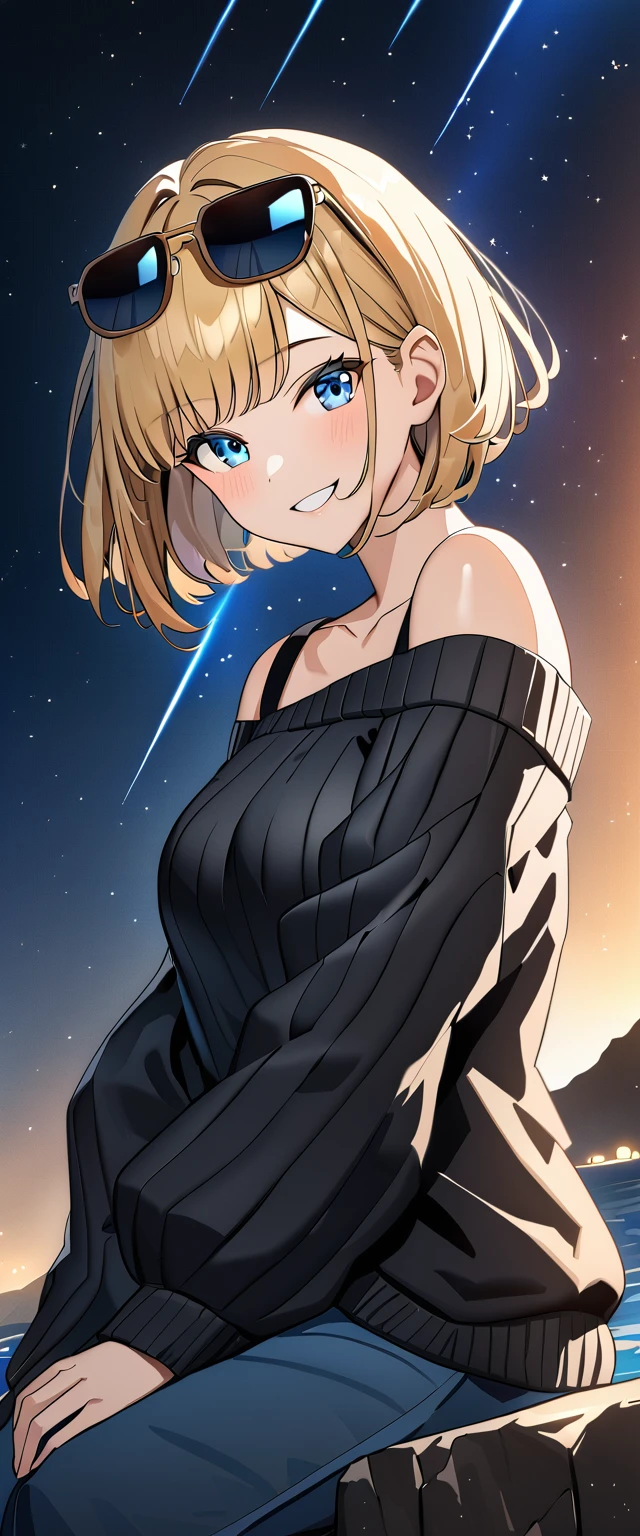 ((grin)), ((off-shoulder sweater:1.3, Quite thick shoulder straps)), ((black sweater)), ((blond hair, bob cut:1.3)), ((sunglasses, hand to sunglasses)), (((from side))), ((((upper body)))), ((Leaning to side)), (((A meteor shower dancing in the night sky, countless stars twinkling in the clear air))), ((sitting on the very high cliff)), wavy hair, inward curled hair, sea, breasts, teenager, (looking at viewer), oversized clothes, puffy long sleeves, collarbone, head tilt:1.3, (((blue eyes))), happy smile, (((anime style))), (best quality, 4K, 8K, highres, masterpiece:1.2, ultra-detailed, ultra-detailed eyes, HDR, uhd, studio lighting, ultra-fine painting, sharp focus, physically-based rendering, extreme detail description, professional, vivid colors, bokeh)