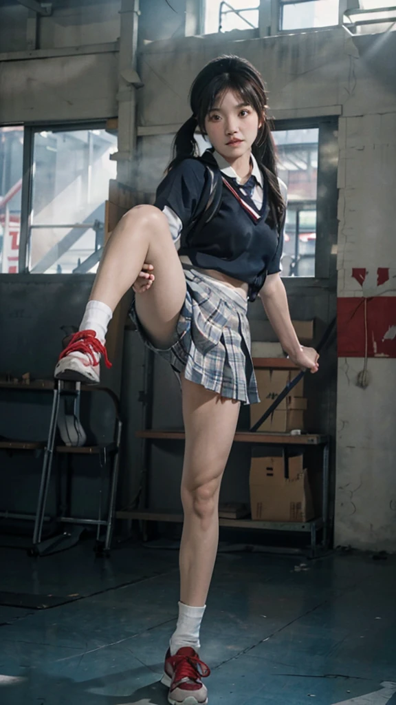 Battlefield Background,Wear a school uniform,Plaid miniskirt,sports shoes,Close-up of a girl with two pigtails kicking her legs in a ruined area,kick kick,high kick,Stand on one foot,high kick,strong leg high kick,Kicking is an action,Facing the audience,bobcut,sweat,Full body close-up