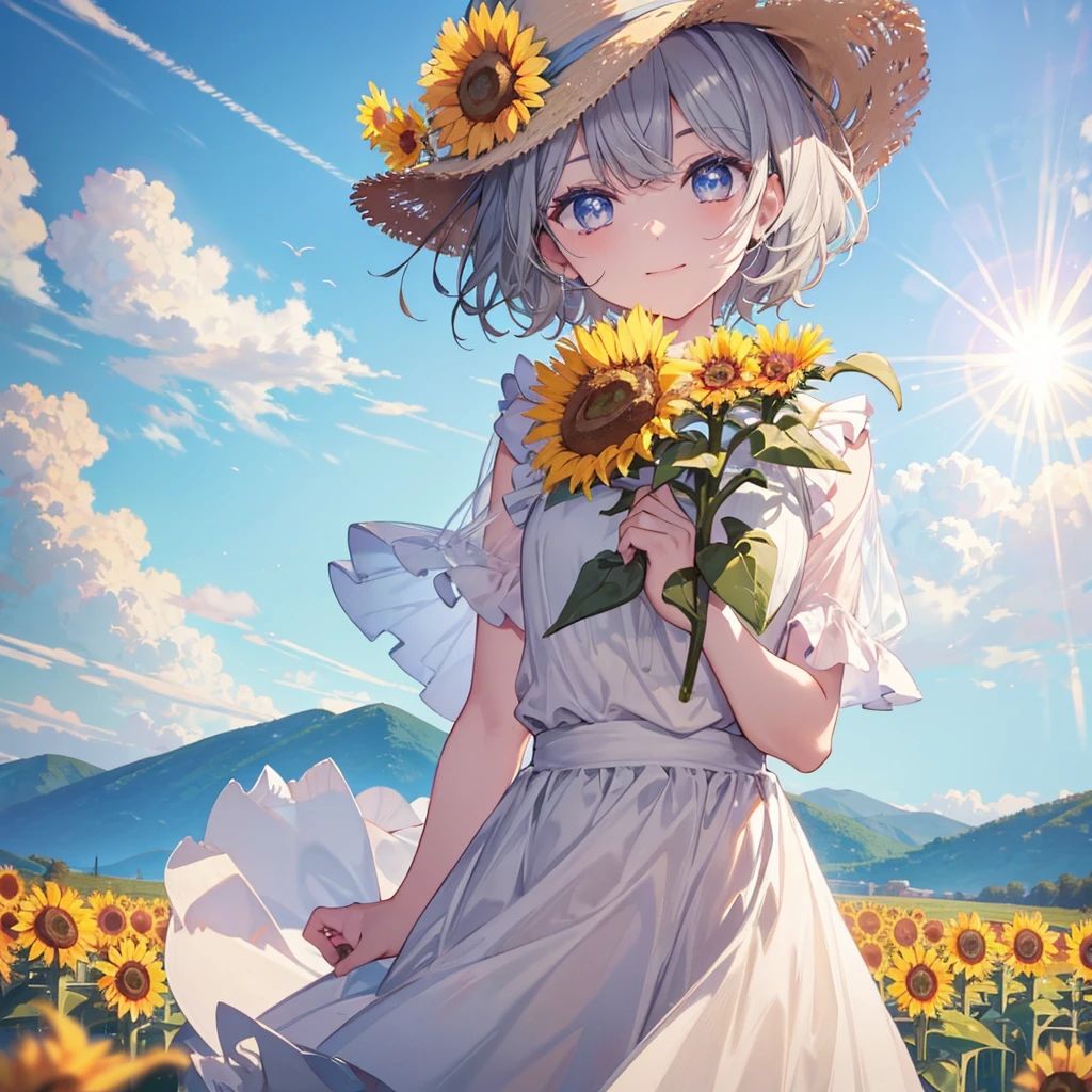 ((((Frilly clothes Sunflower field)))) (((Gray Hair short hair blue eyes woman Close-up))),((Blowing in the Wind sunlight sun cloud)),(Wearing a hat Beige clothes smile), Showing teeth Shining Background Shining Edges