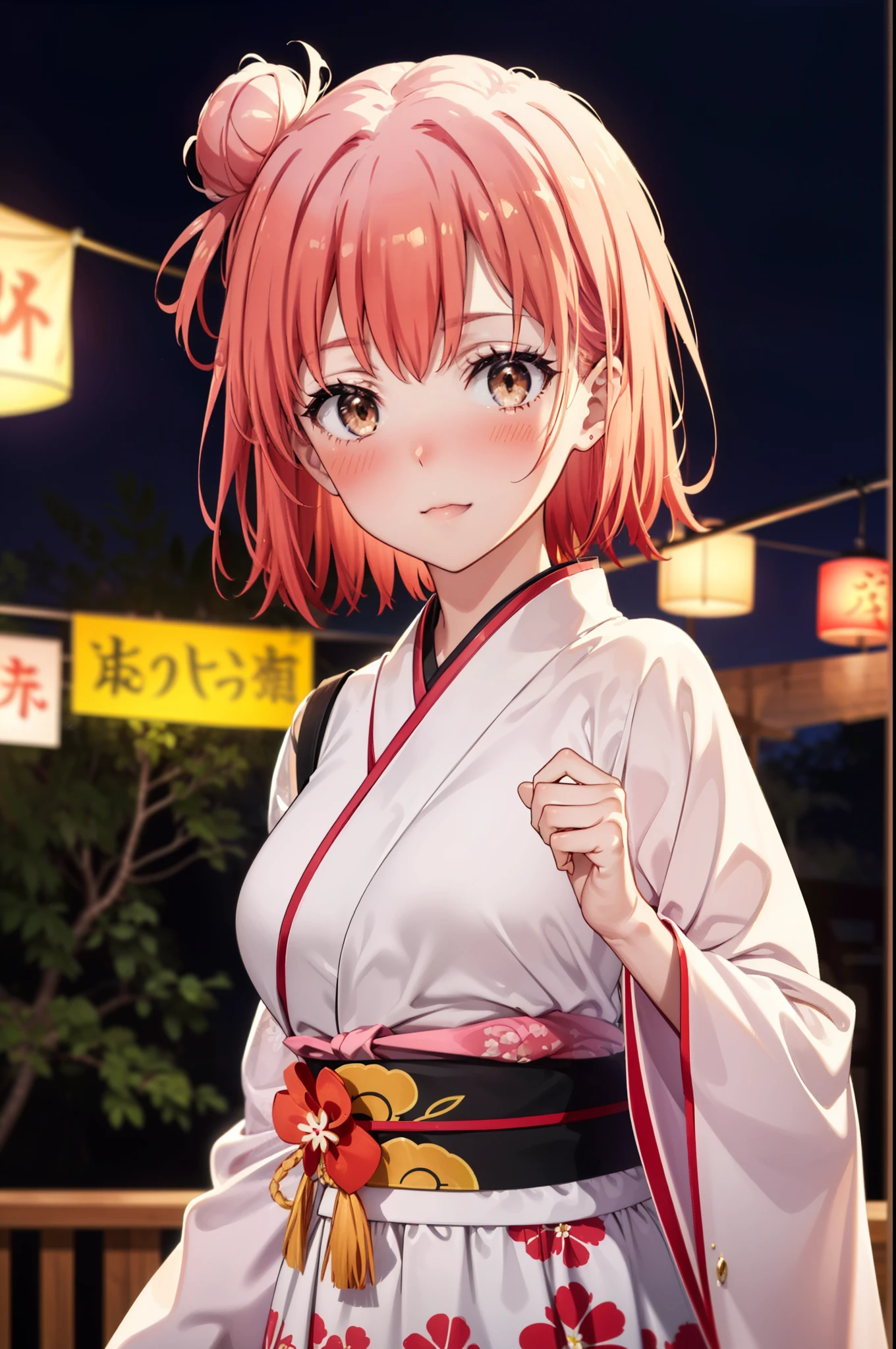 yuiyuigahama, yui yuigahama, short hair, (Brown eyes:1.5), (Pink Hair:1.2), smile,blush,Squint your eyes,Open your mouth,Happy atmosphere,Hair Bun,single Hair Bun, smile,Flower Hair Ornaments,Big Breasts,Pink kimono,Long skirt in pink color,Thick sleeves,日本のfestival,夏festivalの屋台,Red lantern,Fireworks in the night sky、Fireworks,The place is a fireworks display,Time is night,So that the whole body goes into the illustration,
break outdoors, festival,
break looking at viewer, Upper Body, (Cowboy Shot:1. 5)
break (masterpiece:1.2), Highest quality, High resolution, unity 8k wallpaper, (figure:0.8), (Beautiful attention to detail:1.6), Highly detailed face, Perfect lighting, Highly detailed CG, (Perfect hands, Perfect Anatomy),