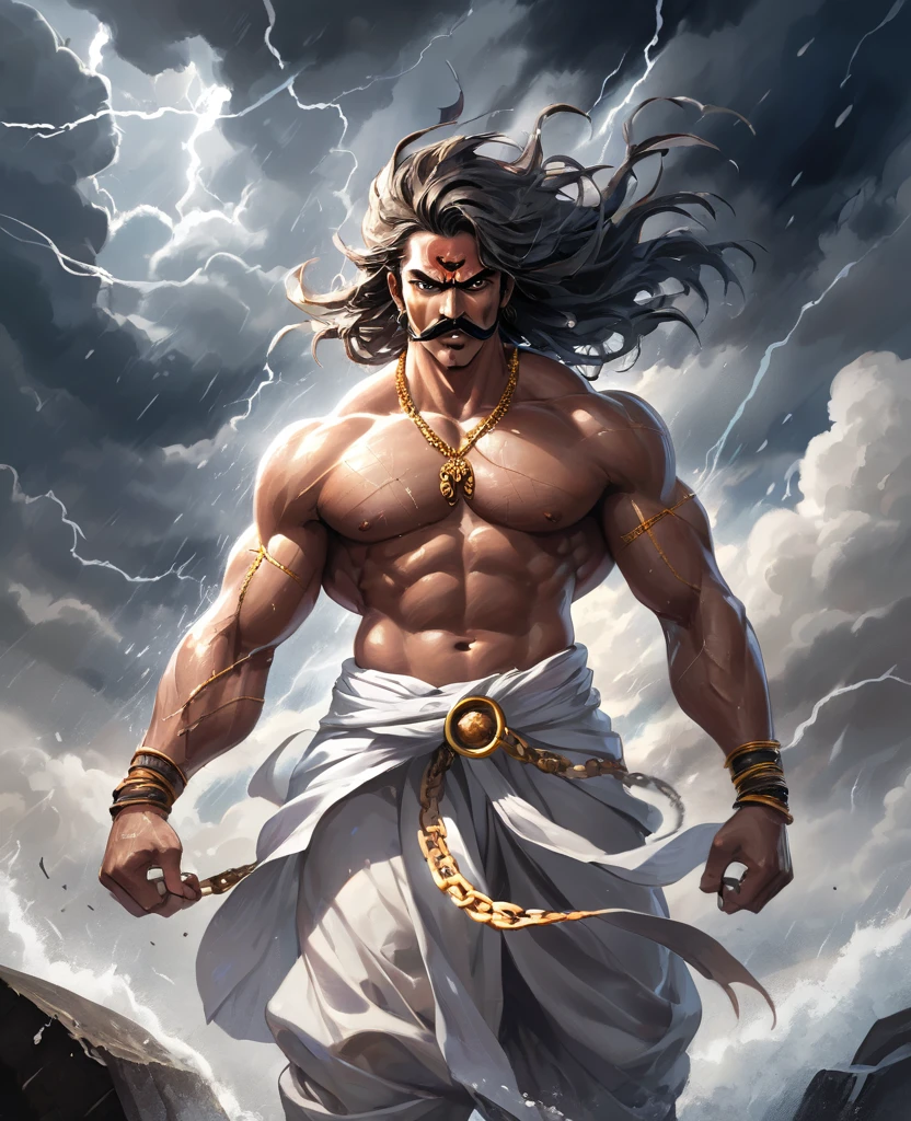 A striking, visually captivating illustration of a powerful Maratha (shouting:1.5) power up pose, power stance, as green is prisionner warrior standing tall amidst dark clouds and heavy rain. His muscular, drenched body is adorned with massive long continuous shakles and black chains at his arms, hips, and legs, while his glowing yellow eyes and fierce determination exude strength. With perfect facial features, a long handlebar mustache, and flowing drenched hair, he shouts in anger as he pulls the chains with immense strength. The golden hour's light illuminates him from behind, casting a dramatic rim light on his bulky frame, and the stormy atmosphere intensifies the dark fantasy scene. Clad in a white traditional dhoti-like pants and a torn white robe, the warrior's immense size and the gathering clouds create a mesmerizing visual experience that is both vibrant and cinematic, blending elements of painting, poster, and fashion into a concept, vibrant, poster, fashion, illustration, cinematic, painting, dark fantasy art by greg rutkowski