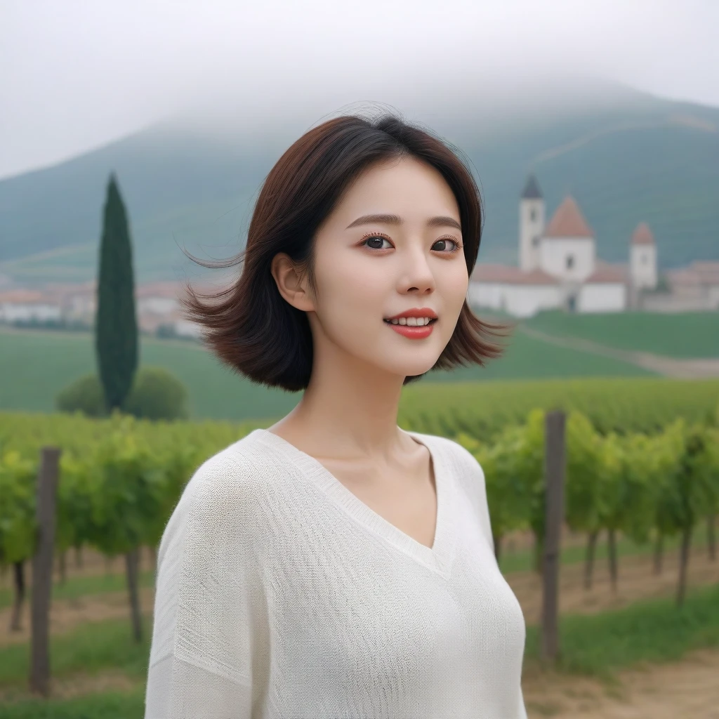 travel to italy, italian countryside dawn, foggy vineyard, Endless vineyards, 안개낀 standing on a path on a high hill. A cathedral can be seen far away in the fog.. The morning sun comes brightly. textured skin, anatomically correct, ((korean mature, 55 years old)), alone, Inspired by Yoo Ji-in. ((wrinkles appear on the face)), Elegant and modest appearance, short medium bob hair, Close your eyes and smile, (((upright, facing the center of the screen.))), Close your mouth and look straight ahead with a serious face.., women's windbreaker, casual pants, 1 woman, 1 woman, A cathedral can be seen far away in the fog.. Cowboy shot with Canon camera 16-35 wide angle lens, standing on a path on a high hill. 1 woman, 1 woman, vineyard in thick fog, cowboy shot