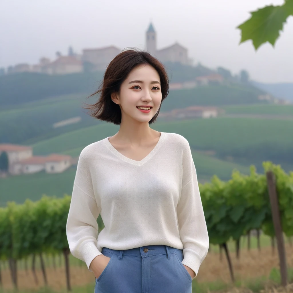 k Best picture quality, Beautiful 36-year-old Korean woman, You have good skin and big and pretty eyes... clear and nice weather. Chest size 34 inches, italian countryside, past the vineyard, A cathedral can be seen in the fog in the distance.., The back background is realistic and vivid quality., Short and medium hair blowing in the wind, Wearing a white shirt under a knit that covers your luxurious chest. casual pants, laugh. the background is clear, Short and slim Korean woman, stand far away, Photo taken with a wide-angle lens, One woman with big and pretty eyes