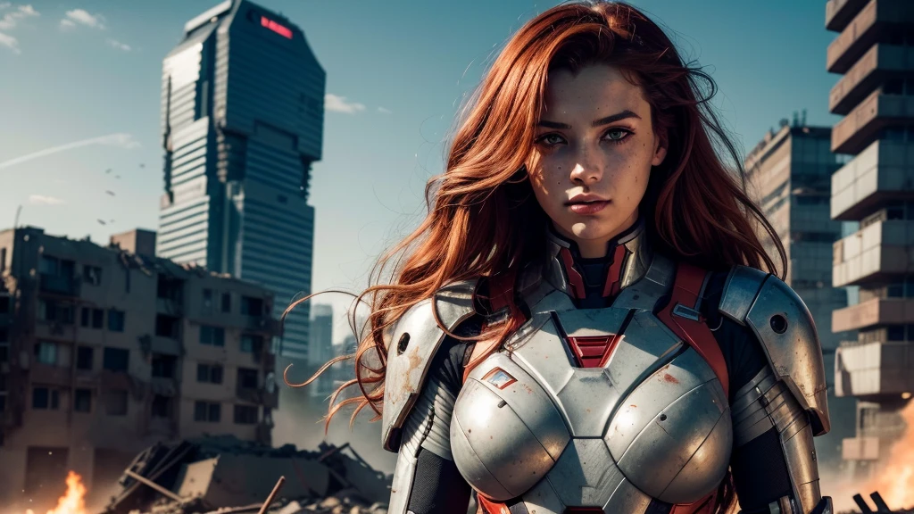 8k, high definition, frontal foreshortened composition, of a 25-year-old girl, very pretty, goddess of beauty, golden proportions, heroine appearance, dressed in a cyberpunk cyberpunk suit inspired and mixed with the mythical Iron Man Mark VII suit and the manga Evangelion, in white and gray colors. His expression is determined. Dirty with mud due to the battle, scratches and bumps on the combat suit, Cybernetic Girl, High technology, giant chest, huge and well-proportioned chest, well-defined chest, normal hips, narrow waist, nice ass, big and round ass. Physically fit girl, beautiful and well-detailed face, well-detailed gray eyes, mouth with thick red lips, she has very long, curly and tousled orange-red hair that falls in messy curls over her enormous chest. freckles on her face. beautiful and freckled girl. Dirty face of mud she finds herself in a scene of destruction of a futuristic city in ruins. Dynamic combat stance, on guard. Epic combat scene. Post apocalyptic.