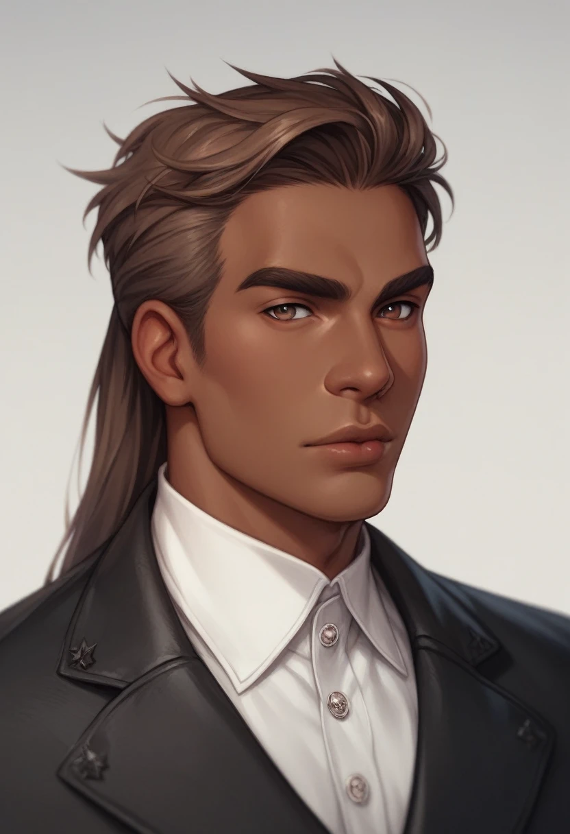 Dressed as a fantasy adventurer, Male, Human, 40 years old, endomorphic body, dark skin, bronze hair, long hair length, ordinary hairstyle, round face shape, close-set eyes, full lips, medium eyebrows, arched eyebrows shape, small nose size, button nose shape, missing an eye.