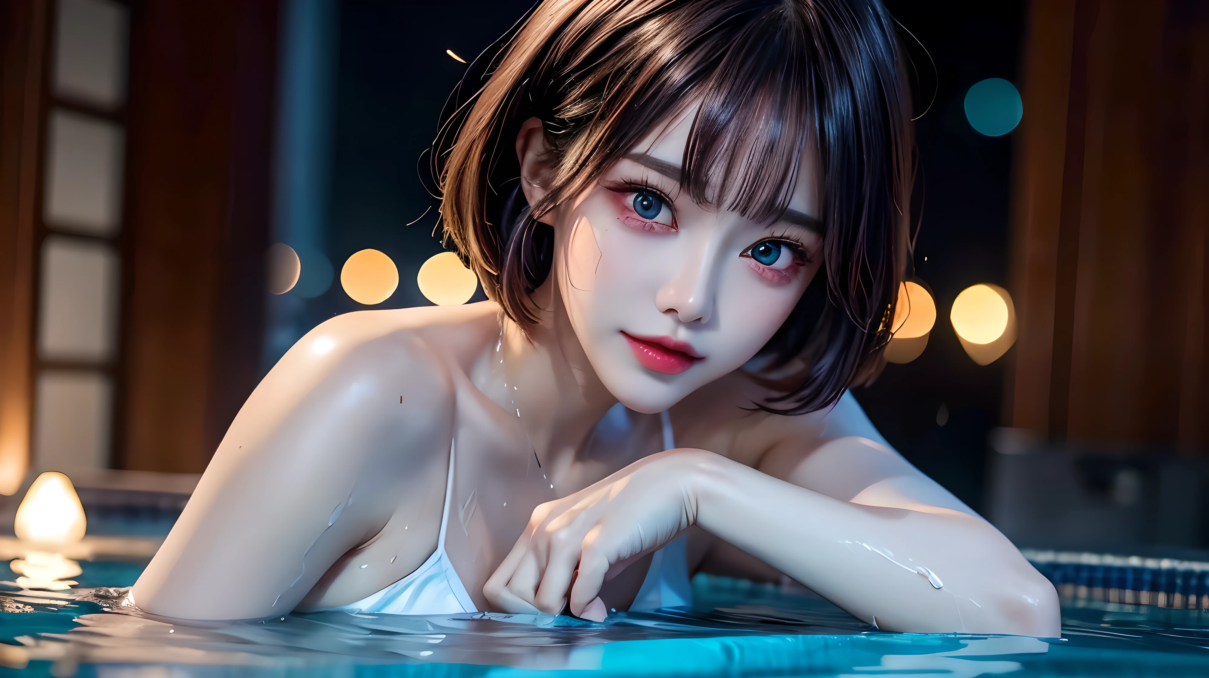 3 girls, high quality, Super detailedな, crazy details, 4K quality (Cinematic digital artwork: 1.3), high quality, table top, Highest quality, Super detailed, shape, [4K Digital Art]、 lndswgnr, (sharp focus: 1.5), (moody lighting:1.2), written boundary depth, bokeh, 4K 、High resolution, Super detailedな, Highly detailed CG Unity 8K wallpaper, realistic, Photoreal, RAW photo, beautiful and detailed face, white skin, realistic glowing skin, fine cloth texture, detailed hair texture, perfect body, beautiful face, Acura, anatomically correct, highly detailed face, Eye and skin texture, natural neck length, (beautiful eyes), (beautiful hands), (Glossy skin:1.2), thin legs, thin legs, knowledgeable person、detailed face、detailed background、 (live action、intricate details)、bionde、short hair、 night、night、Pink Neon Lights、 Dark cold lighting、Tropical style、Holographic Color Sexy Bikini、big breasts、big breasts cleavage、 play in the pool、 Dramatic compensate、compensate、Pinky Pink Lip Stick、eye make up、mascara、eyeliner、eye shadow、Lilac Contact Lenses、 (((wet body、 Sweat)))、(((The background is an example of a pool)))