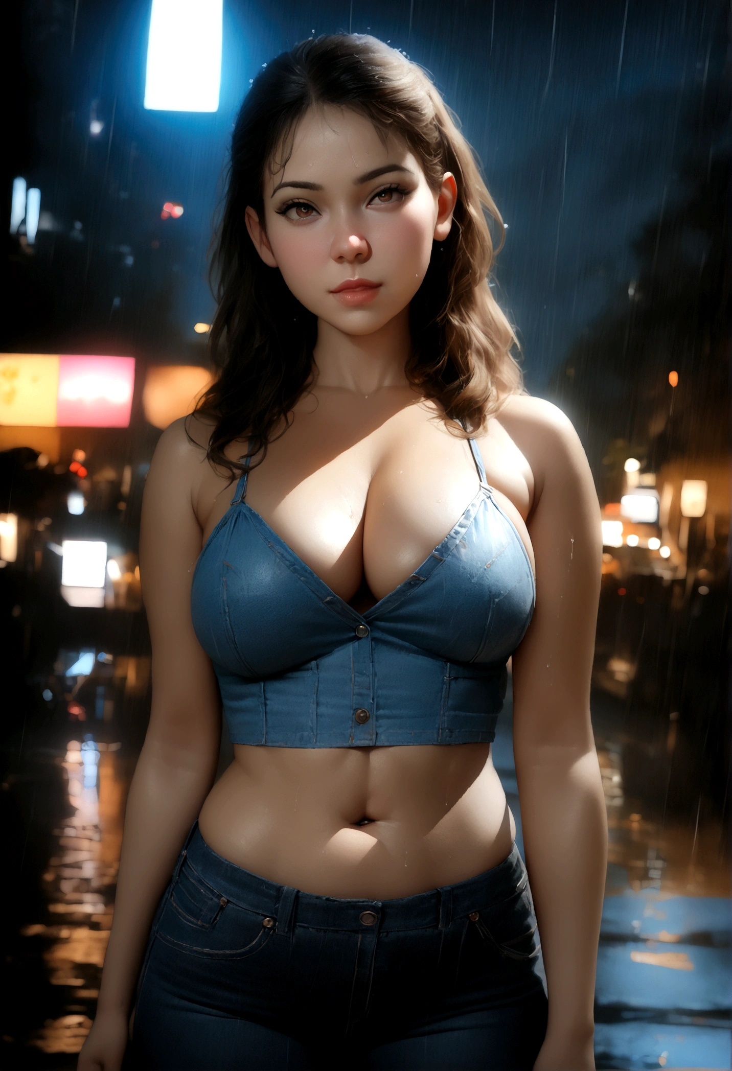 1girl, 18 years old, mix4, (8k, RAW photo, best quality, masterpiece:1.2), (realistic, photorealistic:1.37), cute, night, rain, humid, professional lighting, photon mapping, radiosity, physically based rendering, ultra resolution, (big breasts:1.2)