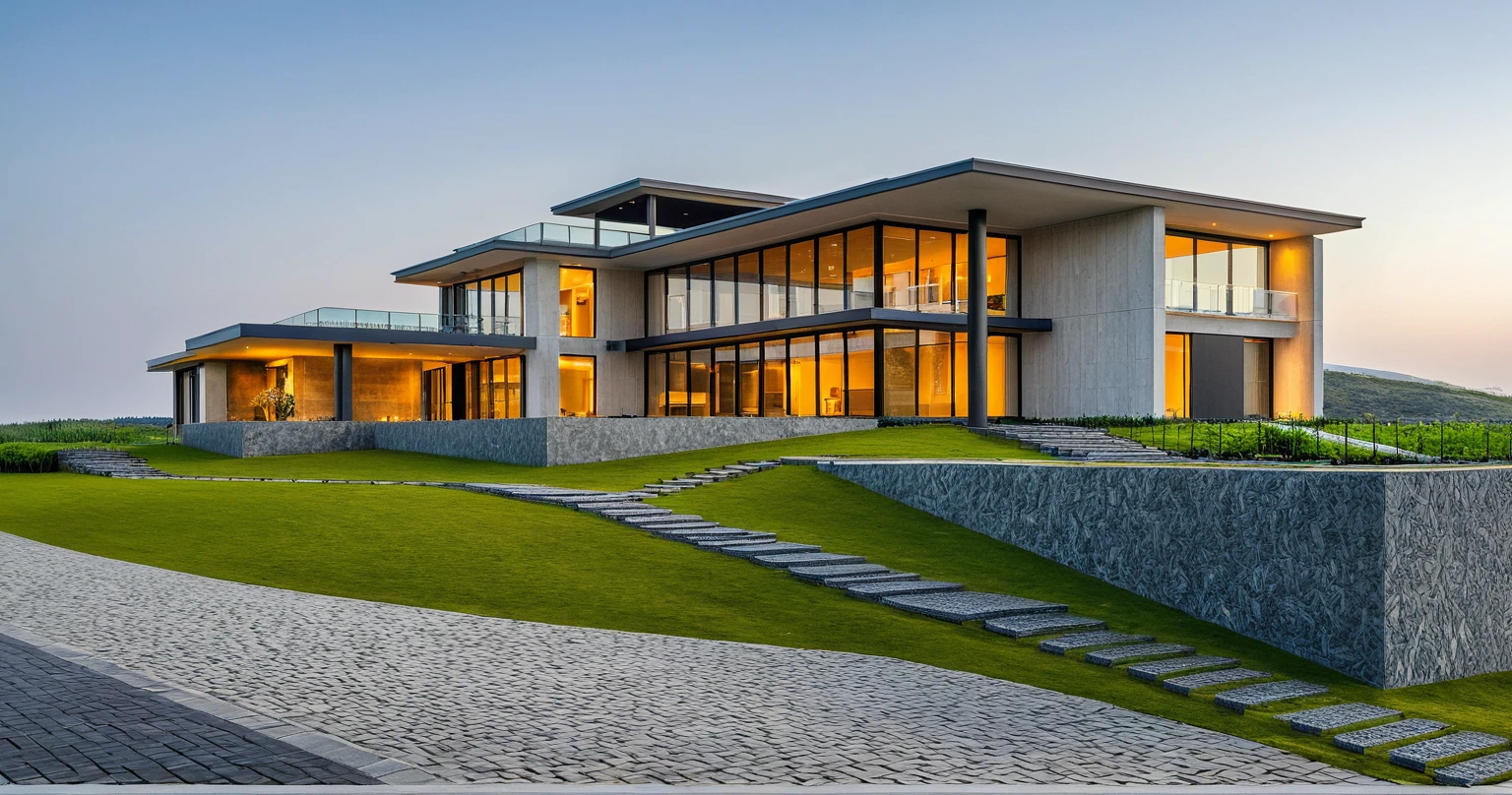 Masterpiece, high quality, best quality, authentic, super detail, outdoors, onestoreyvillaXL, aiaigroup, house style modern on the street ,stairs, white wall ,road,pavement, grass, trees, sky, cloud, (daylight:1.1)