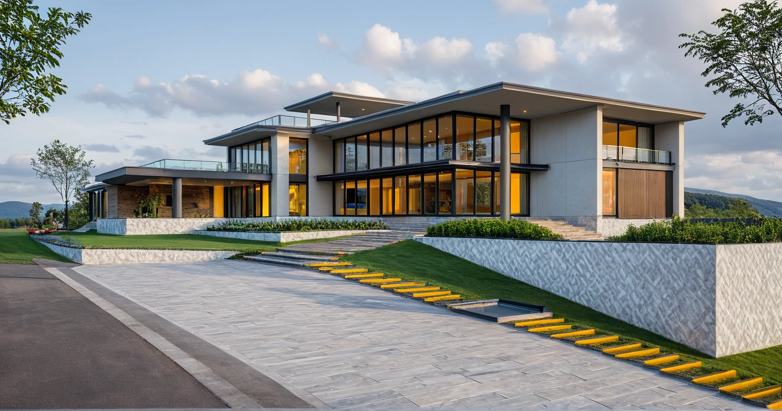 Masterpiece, high quality, best quality, authentic, super detail, outdoors, onestoreyvillaXL, aiaigroup, house style modern on the street ,stairs, white wall ,road,pavement, grass, trees, sky, cloud, (daylight:1.1)
