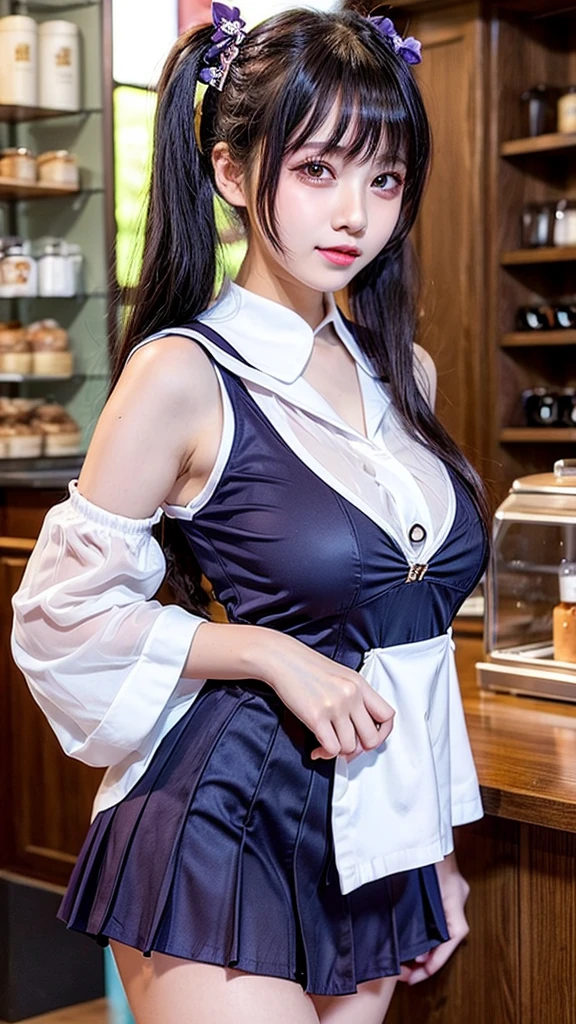 See-through sailor suit、Transparent nipples、Big Tits、Sheer skirt、Coffee shop、Cafe staff、Purple twin tails