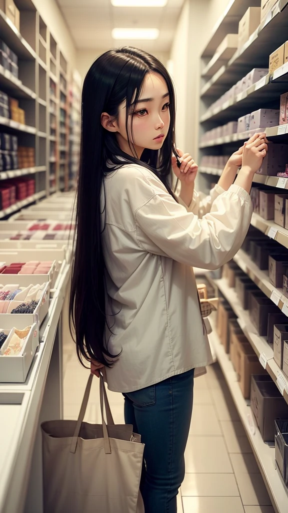 A beautiful Japanese woman with long, dark hair, looking sad while buying a white shirt at a clothing store. She is wearing casual clothes and standing in front of shelves filled with neatly folded clothes. The store has a modern, well-lit interior. The scene captures a melancholic mood amidst the bright and organized store setting