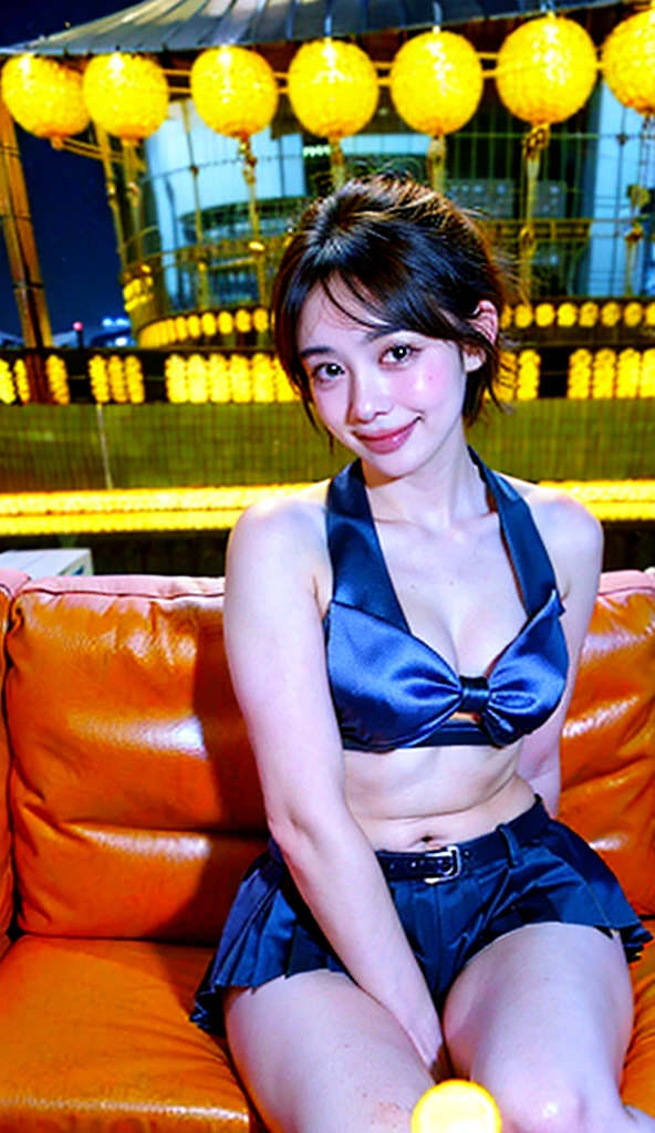 ((top-quality、8K分辨率、Master masterpiece、Portrait:1.3)), Photorealsitic, 35㎜ film,depth of fields, (from above),A MILF,Beautie, Wrinkles at the corners of the eyes,Glamour,Seductive smile、naughty expression、Heavy breathing,Full body shot, looking at the spectator、naked,(OL_sexy shree bra),(Garter belt stockings_sexy panties),(night pool),In a crowd of men