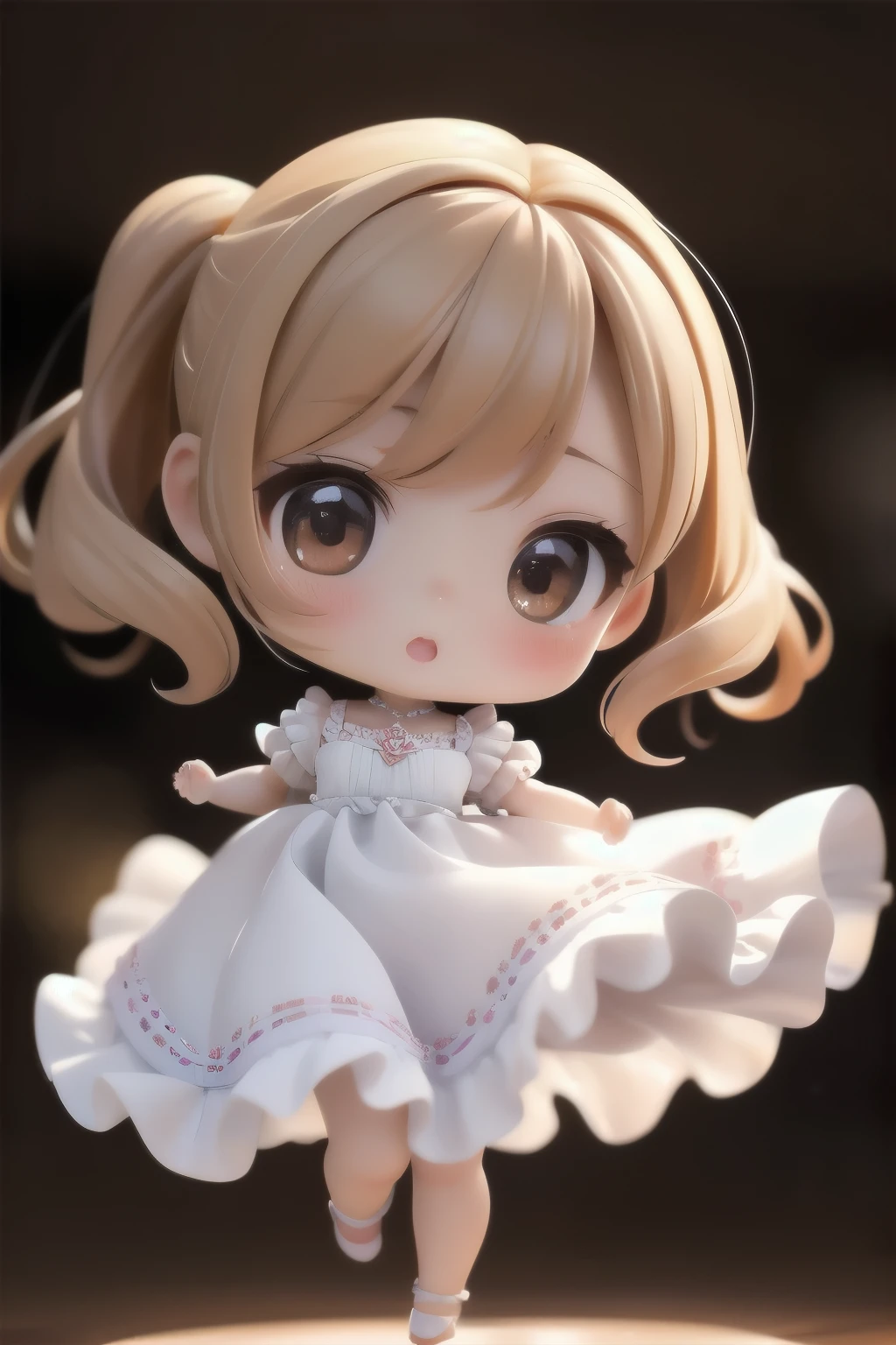 Chibi Girl Doll、Spinning gracefully、Dresses fluttering in the wind、Detailed facial features、Aggressive composition、Elegant hairstyle、Delicate feminine figure、Photorealistic、high quality、Ultra-realistic、Very detailed、Cinematic lighting、Warm color palette、Dramatic lighting、Complex fabric texture、Fluid movement、masterpiece