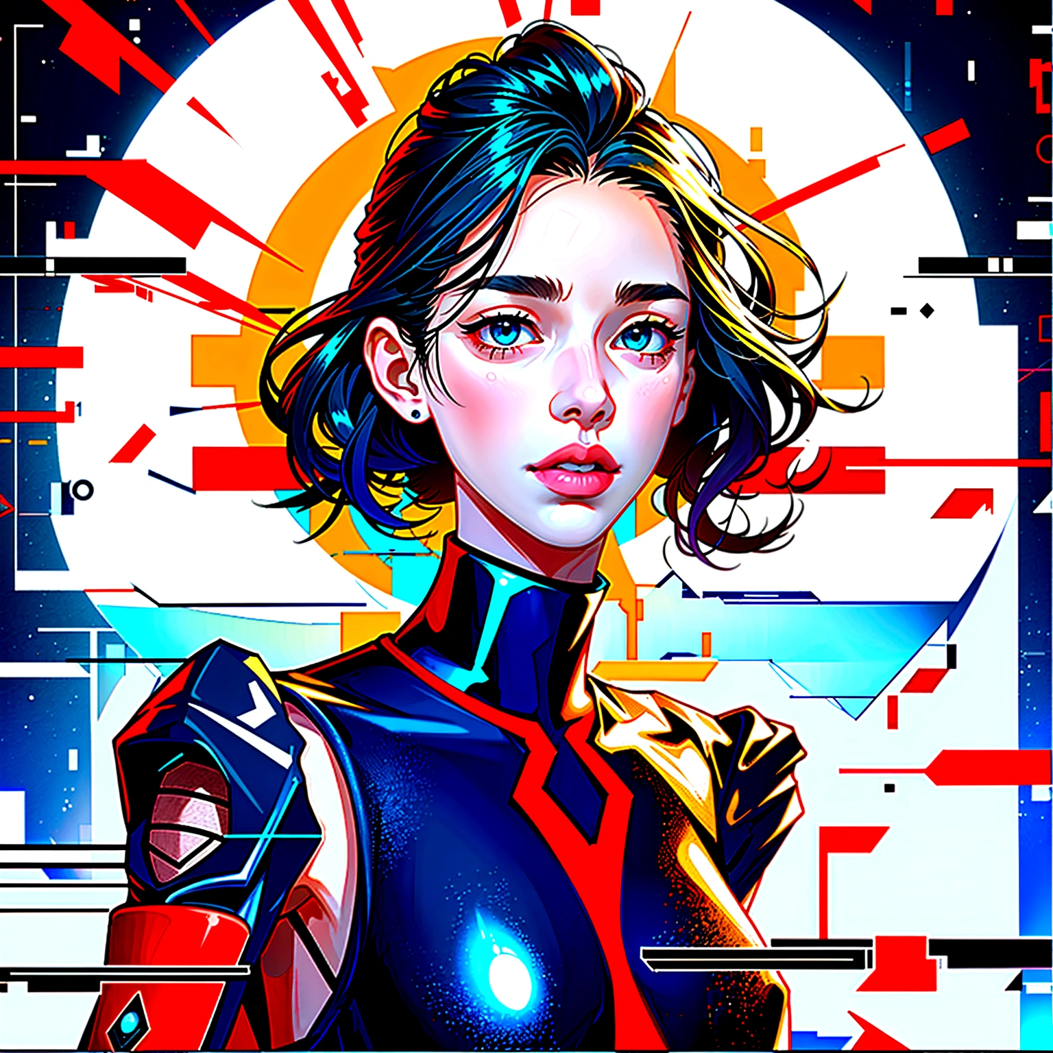 Young Brunette Woman Clara with wavy hair ::style futurista cyberpunk ,realistic styling ::n_style digital painting, deformed parts, deformed face ::seed 1234 full nude
