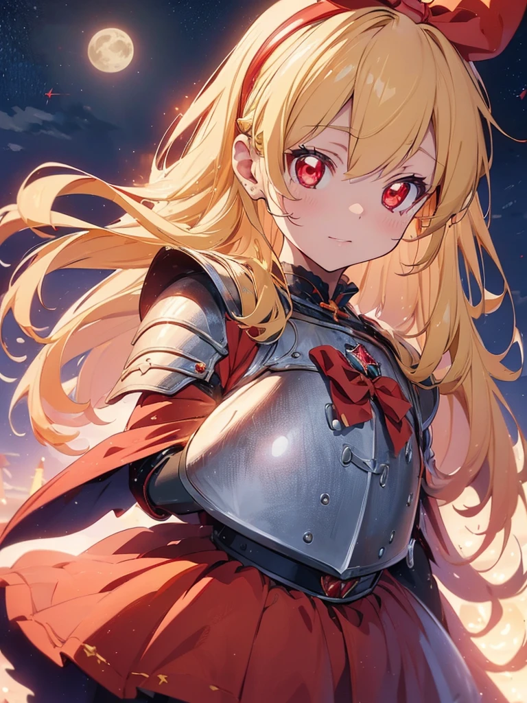 (RED Ribbon on HAIRband:1.2),(blonde hair :1.5),long hair,hair ornament,(((RED eyes))),(Anime Girl: 1.2), (Master Piece)), (Best Quality: 1.2), (8k Quality)), (Extremely Detailed Illustration)), (super fine Illustration)), an Extremely Delicate and Beautiful, Ultra High Resolution,fantasy,18 yo, cute face, kawaii,1 girl, solo,medium breasts,
(knight girl:1.5),(white diamond knight armor:1.5),((red cape)),weapon,(hand holding a trident:1.3),night,moon,castle town,outdoor:1.5,,Ichigo Hoshimiya (Aikatsu!),samurai,
