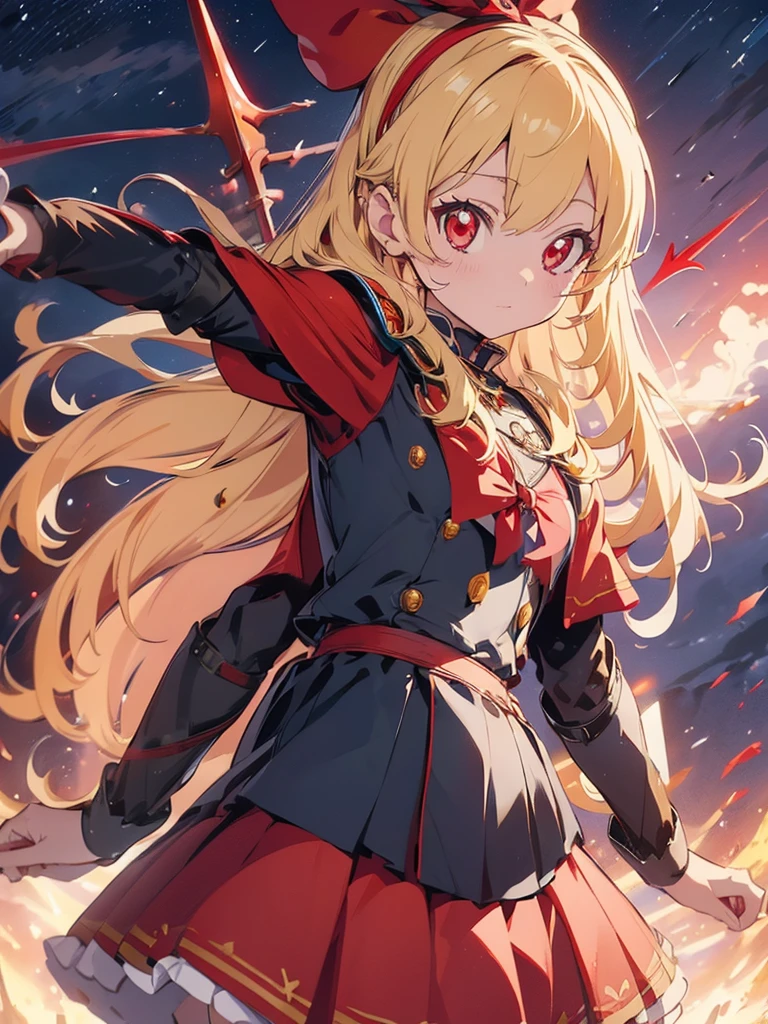 (RED Ribbon on HAIRband:1.2),(blonde hair :1.5),long hair,hair ornament,(((RED eyes))),(Anime Girl: 1.2), (Master Piece)), (Best Quality: 1.2), (8k Quality)), (Extremely Detailed Illustration)), (super fine Illustration)), an Extremely Delicate and Beautiful, Ultra High Resolution,fantasy,18 yo, cute face, kawaii,1 girl, solo,medium breasts,
(knight girl:1.5),(white diamond knight armor:1.5),((red cape)),weapon,(hand holding a trident:1.3),night,moon,castle town,outdoor:1.5,,Ichigo Hoshimiya (Aikatsu!),samurai,