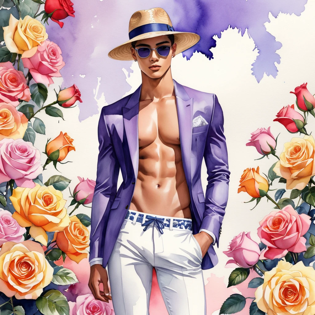 candid fashion illustration of young Mixed race 2man Latino and Japanese male model, both aged 18 year old, ((showcase fashion in white thong underwear only)), the design inspired of David Austin Rose, in elegant chic Hight-fashion style. The man wears white sheer thong with a minimal rose embroidery details, big bulge, He completes his look with white sandal. The boyfriend complements him in a stripe sexy G-string, thick semi bulge cock line, He resemble includes an accessorizes with a brimmed straw hat and sunglasses, Captured in a low angle, ((full-body image)), ((beautiful roses water color drawing background)), fashion sketching, realistic drawing, ((imperfect water color drawing)), man fashion, fashion illustrator, fashion sketch design, gay, gay couple, multicolor, notable for its unique mauve or lavender-blue orange yellows red white and crème, The semi-double blooms have a delicate unusual color in the rose spectrum.